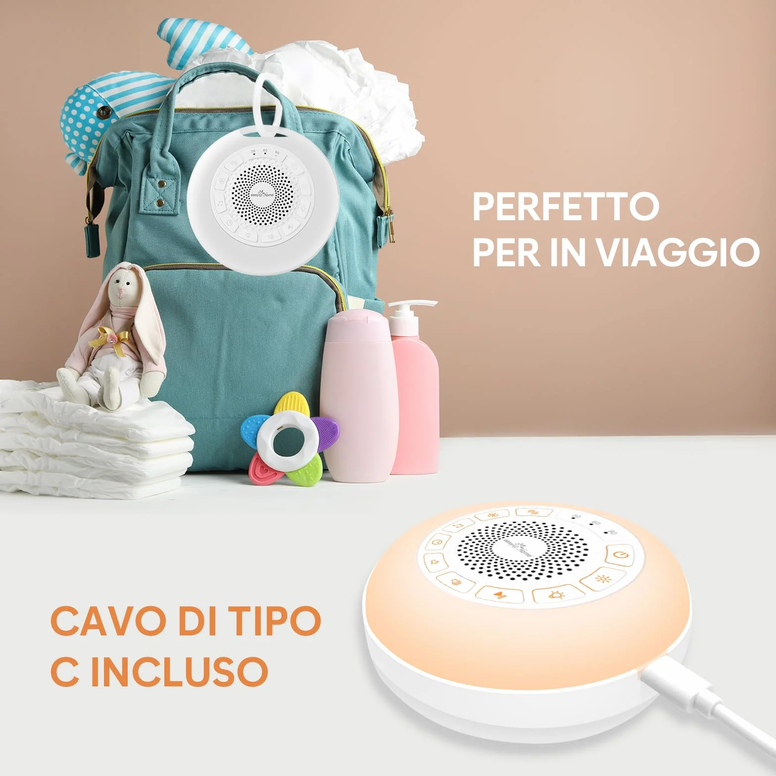 Easy@Home White Noise Machine dla Niemowląt: 26 Dźwięków, Światło Nocne i 7 Kolorów, USB, Timer, Blokada Dzieci