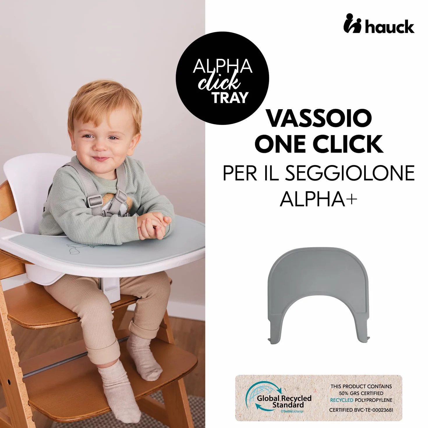 Hauck Alpha Click Tray Tacna Bambini Materiale Riciclato GRS Grigio per Seggiolone Legno Alpha+ Beta+