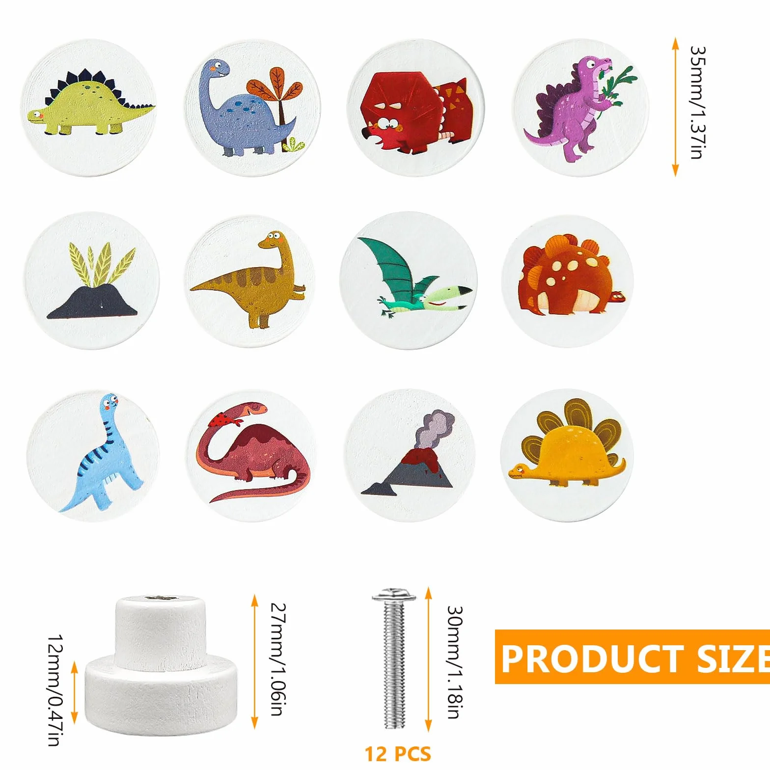 12 Pezzi Pomelli per Cassetti, Pomelli per Mobili Legno, Rotondi, Vari Motivi a Tema Dinosauro, Pomelli Armadio Bianchi, 30 mm con Viti Pomelli per Mobili Bambini, Camera dei Bambini (1)