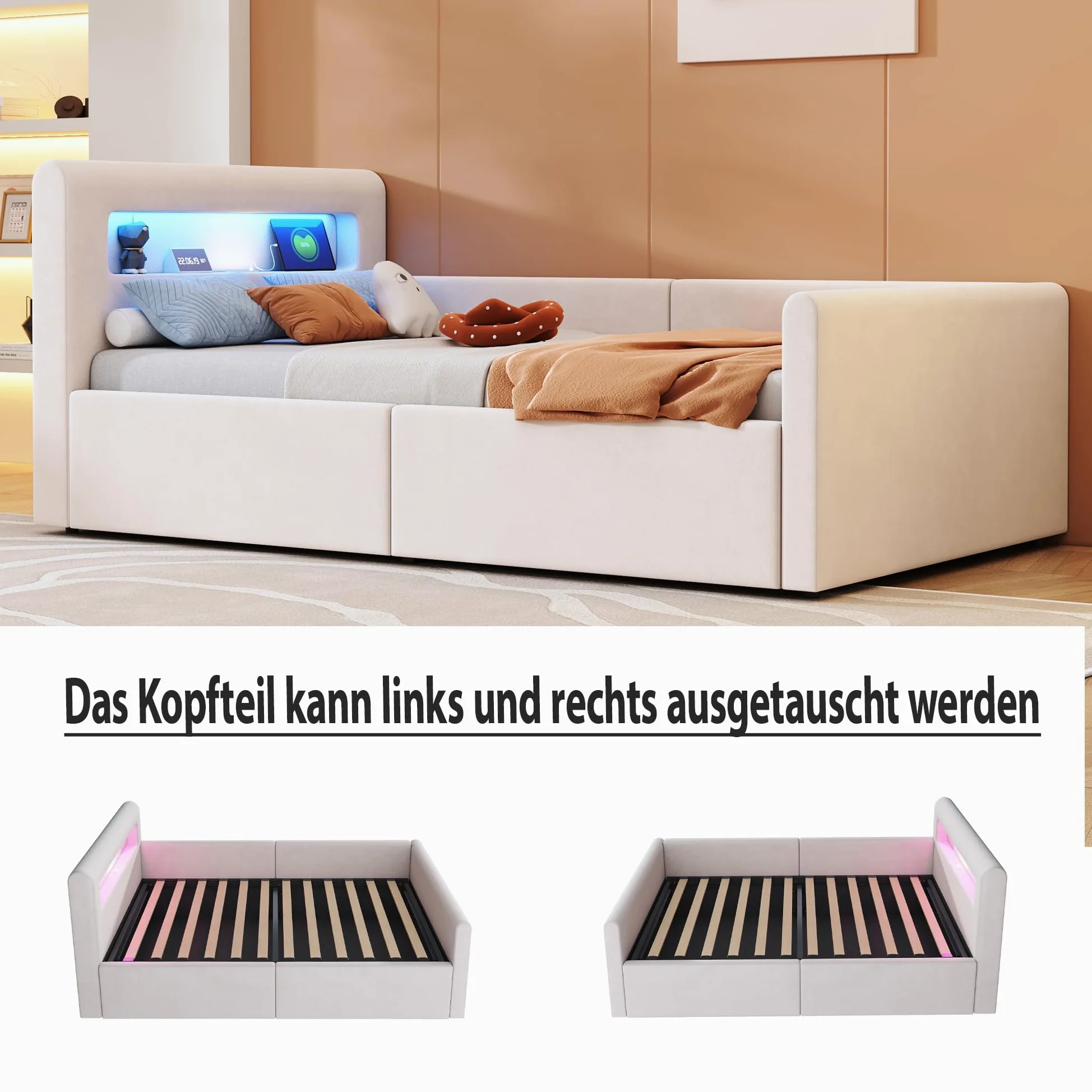 Lubvtti Letto singolo imbottito 90×200cm, Letto contenitore con luce LED e porta USB, Con vano portaoggetti, Letto per bambini con vano contenitore idraulico, Velluto, Beige (materasso non incluso)
