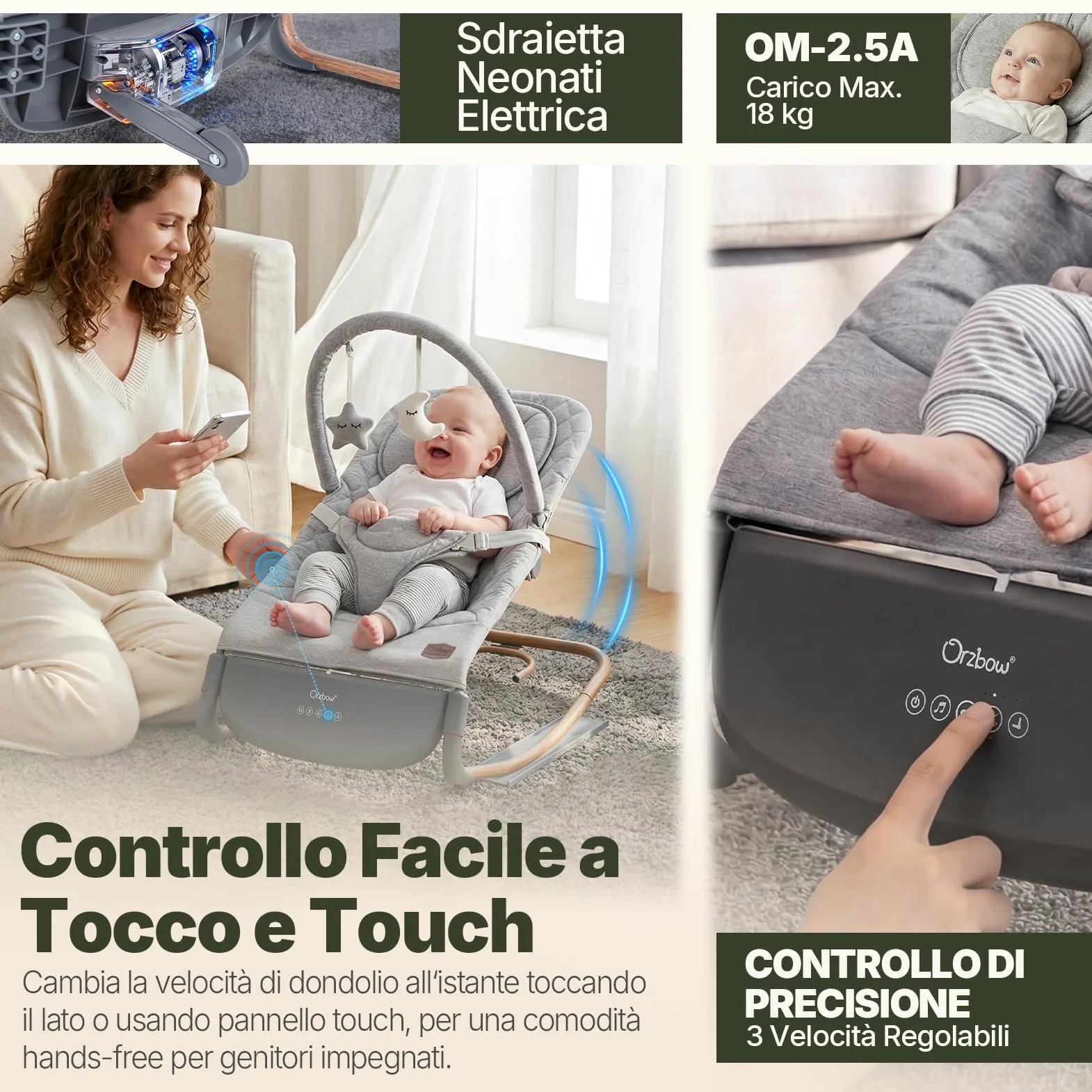 Sdraietta Neonati Elettrica, Dondolo Neonati Elettrico con 3 Velocità, Controllo a Colpetto & Pannello Touch, 2 Timer (30/60 Min), 8 Melodie, Volume Regolabile, per 0-12 Mesi, Fino a 18 kg, Grigio