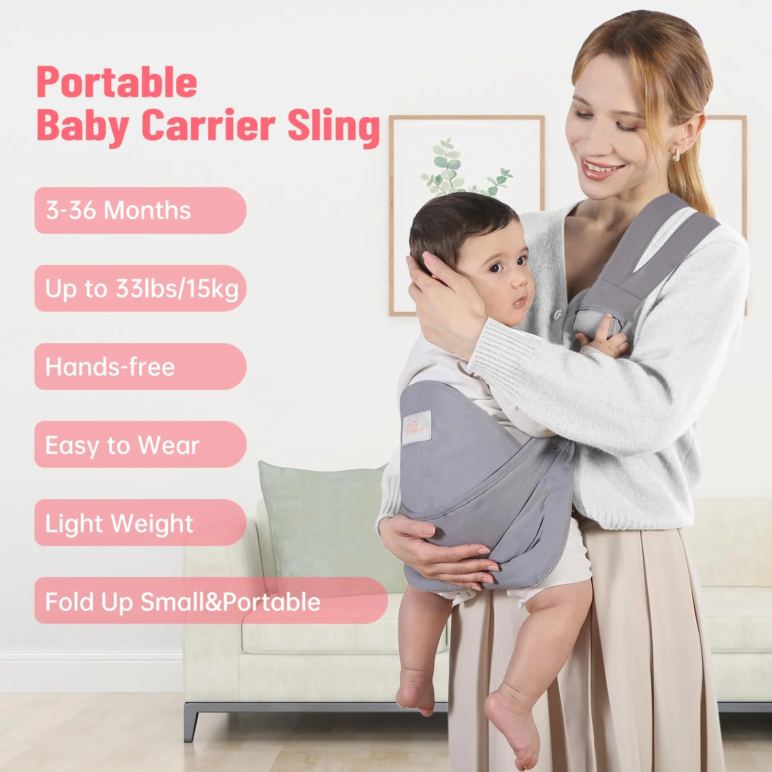 Fascia Neonato, Marsupio Neonato Cotone con Seduta Antiscivolo, Fascia Porta Bebe Ergonomico, Tutte le Stagioni, Fino a 15kg (Grigio Chiaro)