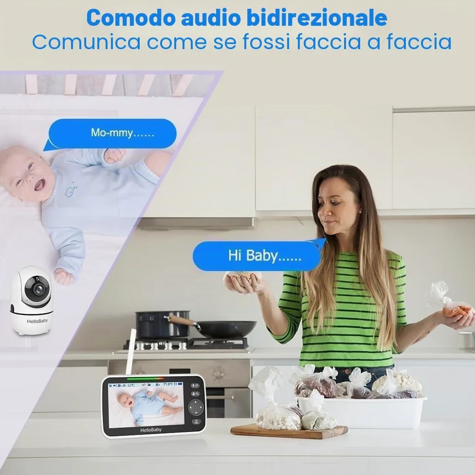 HelloBaby Baby Monitor, display da 5'' con batteria da 30 ore, baby monitor video pan-tilt-zoom con fotocamera e audio, visione notturna, conversazione a 2 vie, temperatura, 8 ninne nanne e 300m
