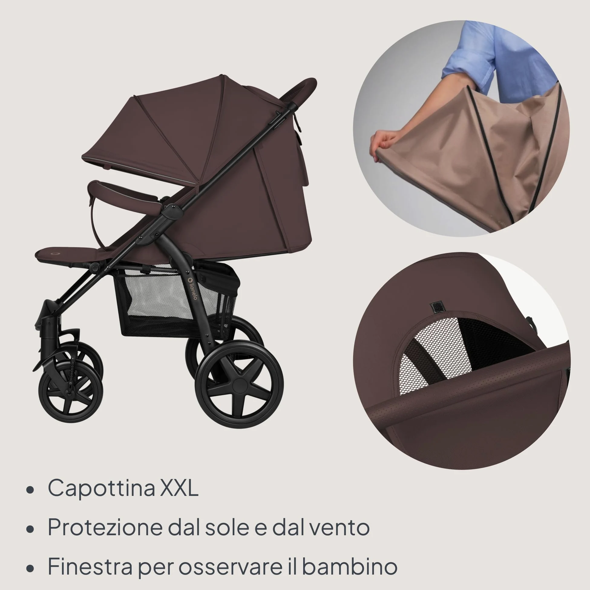 LIONELO Annet passeggino leggero pieghevole grigio regorabile con posizione sdraiata con ruote EVA cappottina XXL con zanzariera coprigambe portabibite fino 22 kg