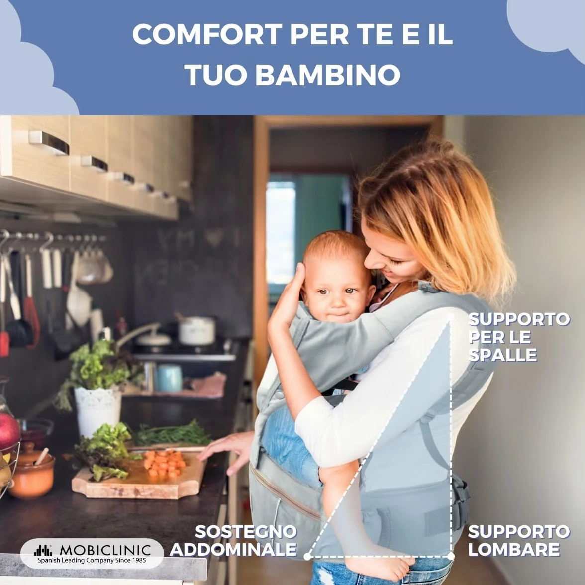 Mobiclinic® kids, Marsupio neonato, 6 in 1, Moley, Ergonomico, Multiposizione, 0-36 mesi, Pieghevole, Tasca con cerniera, Portabiberon, Cotone premium morbido, Per neonati e bambini (grigio)