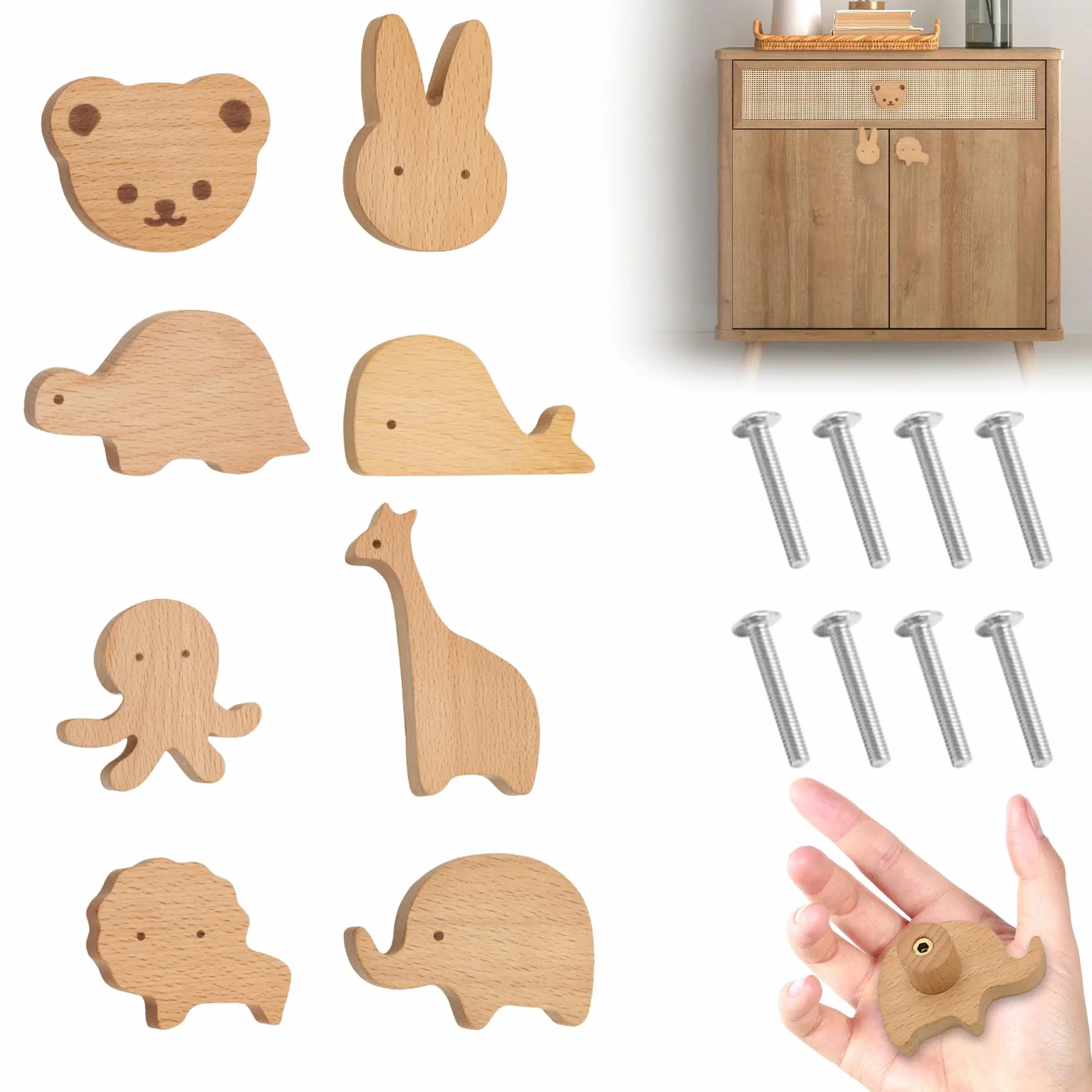 Vaileal 8 pomelli per armadi in legno per cameretta dei bambini, in diverse forme di animali, maniglie per cassetti in legno per bambini, pomelli in legno con motivi animali, pomelli per armadi