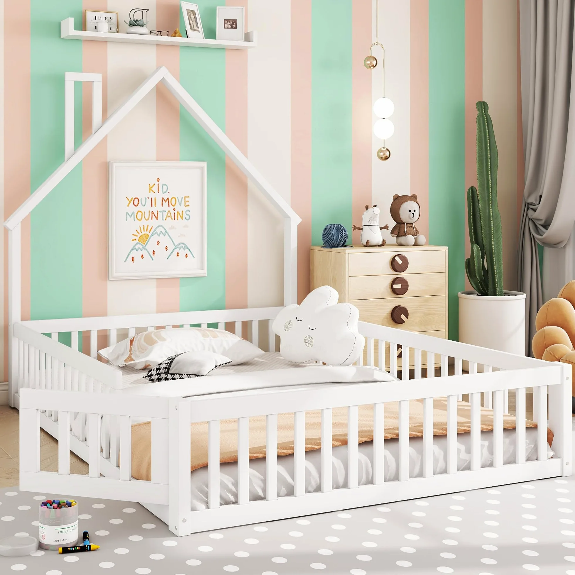 Lettino per bambini 140 x 200 cm, con protezione anti-caduta di sicurezza e porta, letto imbottito con rete a doghe in legno, design a forma di camino, letto in legno, per ragazzi, senza materasso