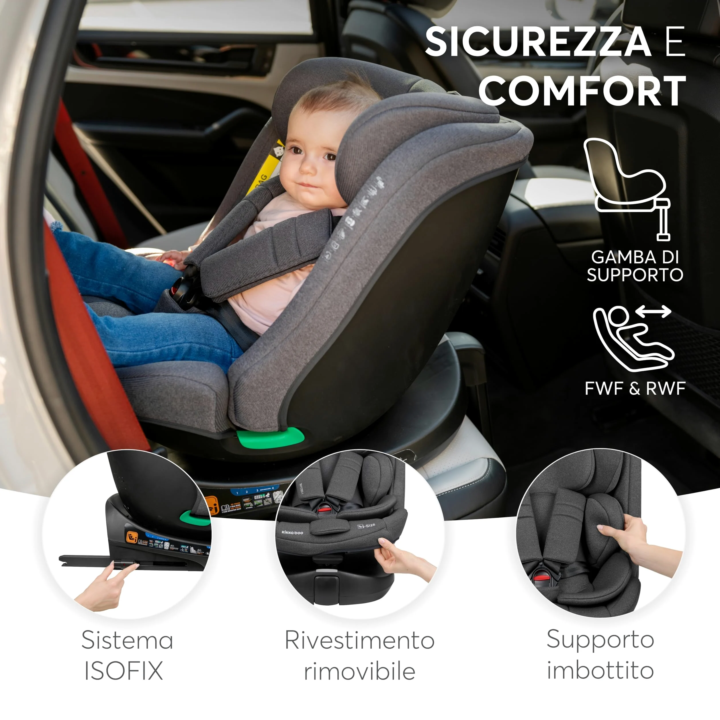 KikkaBoo Seggiolino Auto 0-36 kg i-SECURE, Gruppo 0 1 2 3, ISOFIX, i-Size, Rotante a 360º, 40-150 cm, Da 0 a 12 Anni, 12 Posizioni Poggiatesta, Grigio chiaro