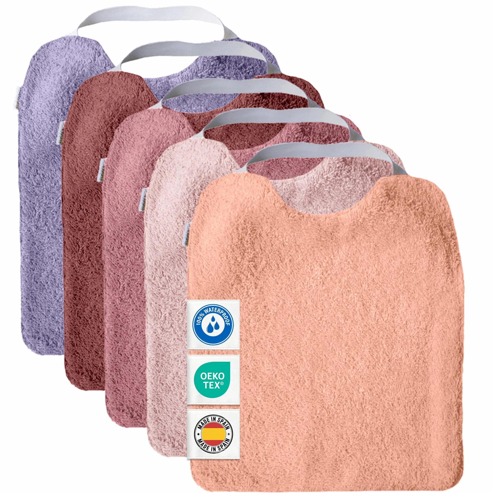 Set di 5 Bavaglini Neonato Impermeabili BLW in Spugna Cotone Premium Oeko-Tex Grandi con Elastico al Collo Realizzati a mano Spagna