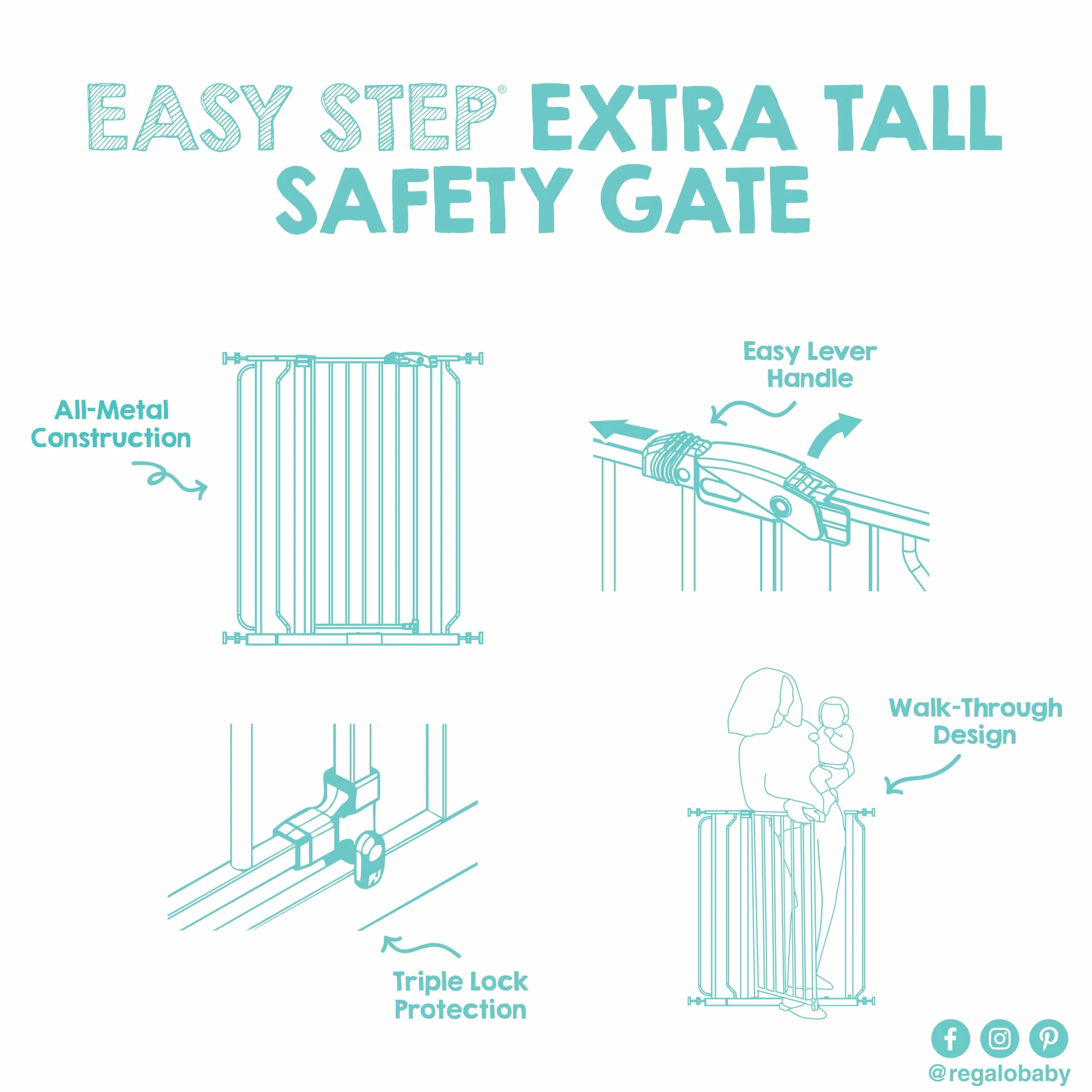 Regalo Safety 91.4cm Extra Tall Baby Gate for Doorways, Fits Openings 73.6-90cm, Pressure Mounted