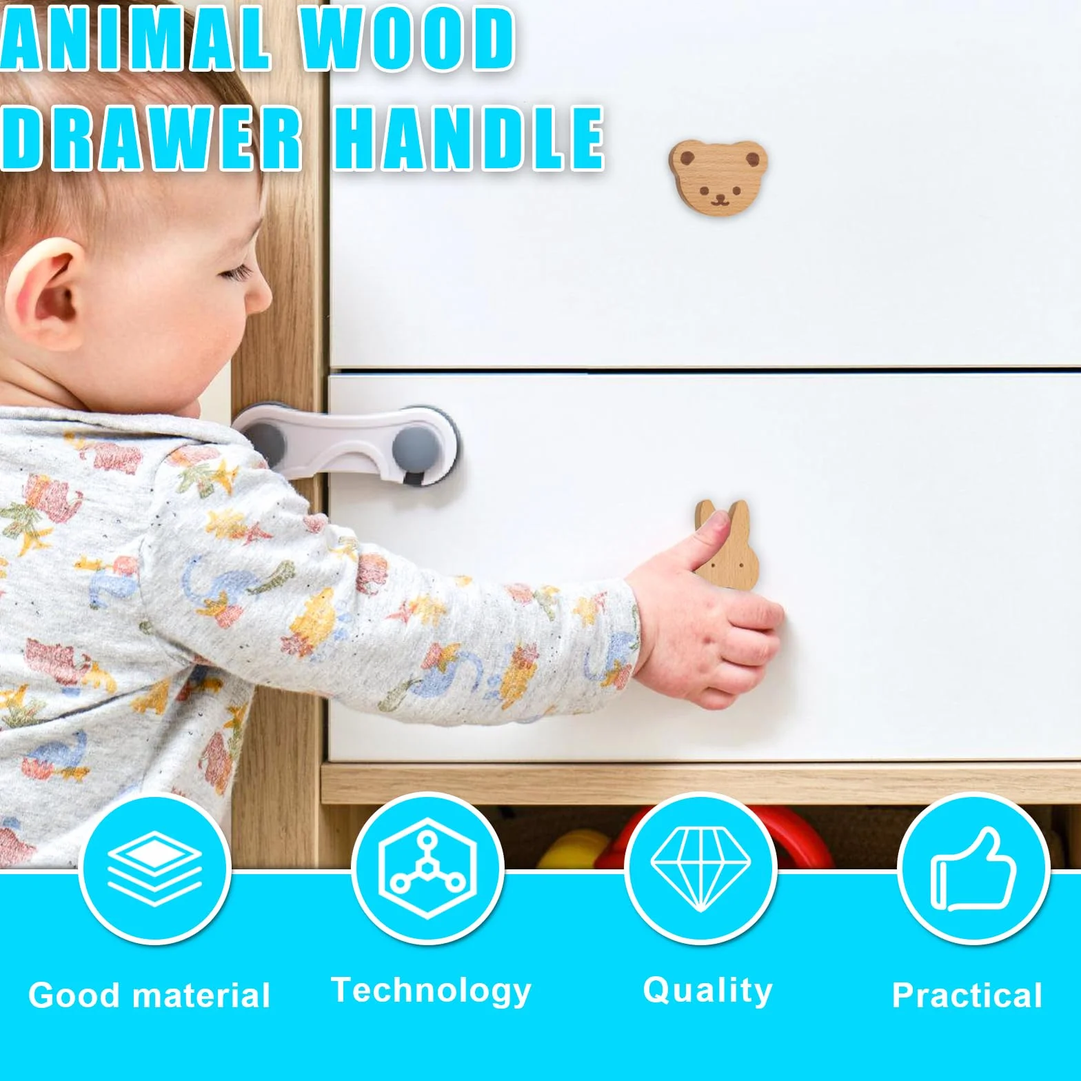 Vaileal 8 pomelli per armadi in legno per cameretta dei bambini, in diverse forme di animali, maniglie per cassetti in legno per bambini, pomelli in legno con motivi animali, pomelli per armadi