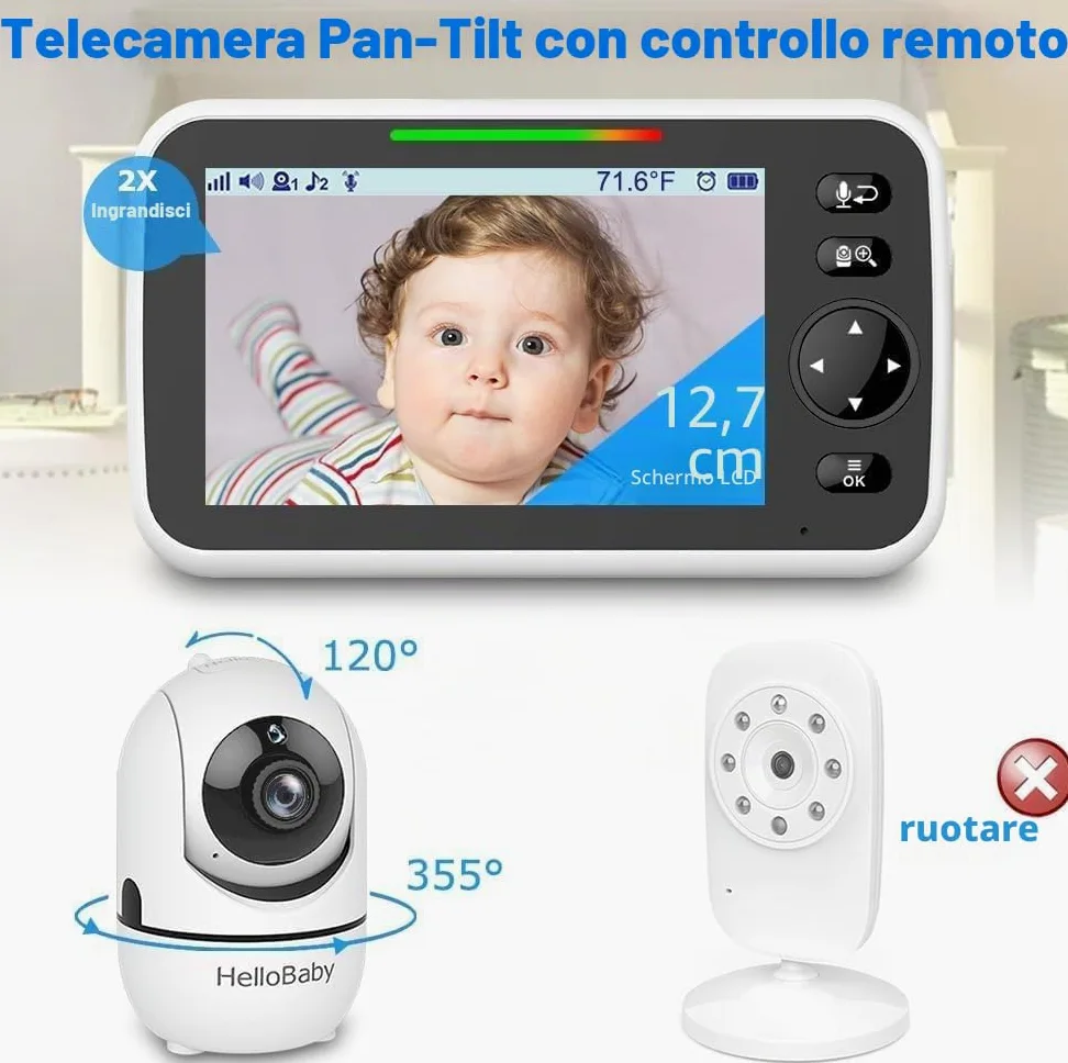 HelloBaby Baby Monitor, display da 5'' con batteria da 30 ore, baby monitor video pan-tilt-zoom con fotocamera e audio, visione notturna, conversazione a 2 vie, temperatura, 8 ninne nanne e 300m