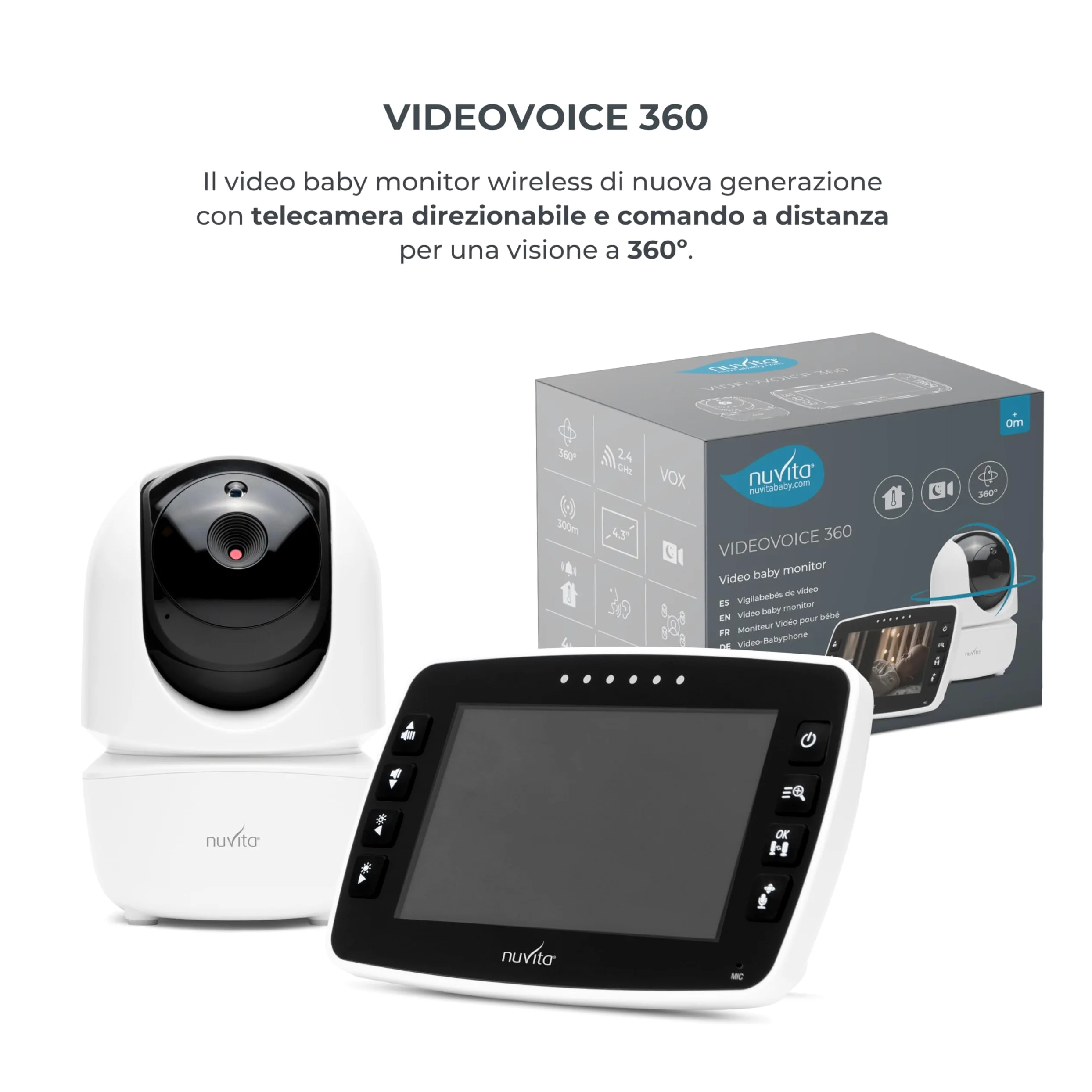Nuvita 3045 Videovoice - Baby Monitor Video Wireless a 360° con telecamera direzionabile a distanza, SMART VOX, Visione Notturna e Ninne Nanne