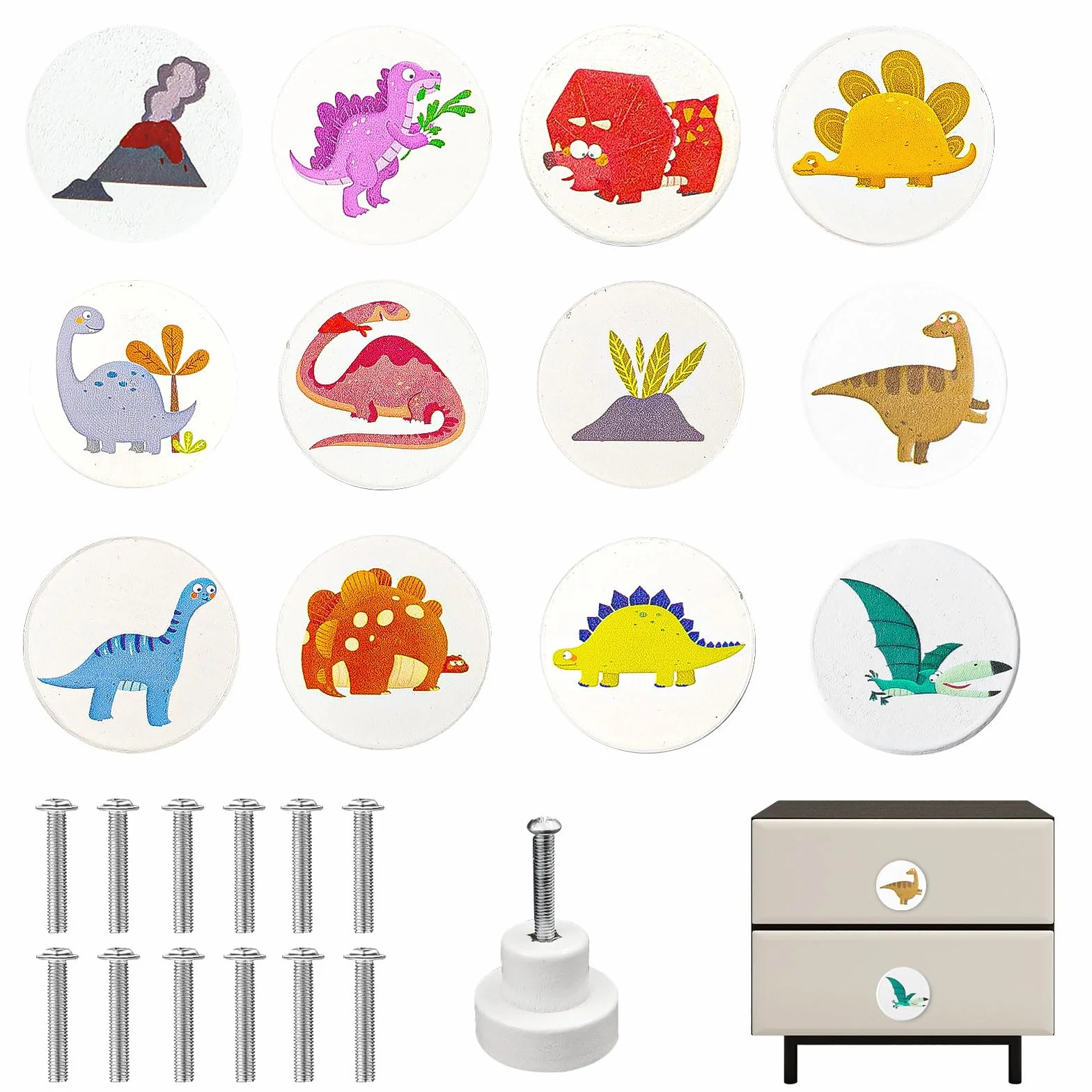 12 Pezzi Pomelli per Cassetti, Pomelli per Mobili Legno, Rotondi, Vari Motivi a Tema Dinosauro, Pomelli Armadio Bianchi, 30 mm con Viti Pomelli per Mobili Bambini, Camera dei Bambini (1)