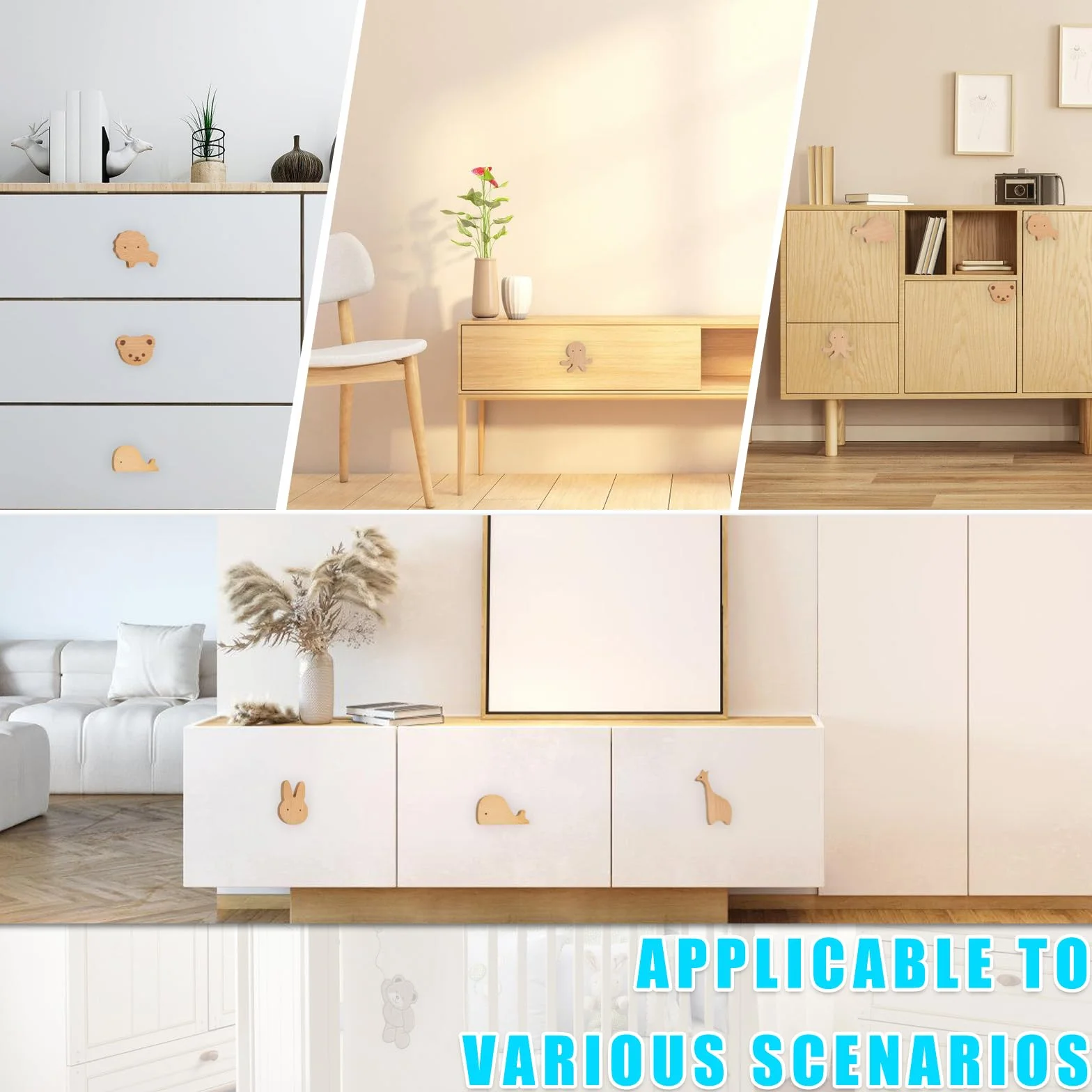 Vaileal 8 pomelli per armadi in legno per cameretta dei bambini, in diverse forme di animali, maniglie per cassetti in legno per bambini, pomelli in legno con motivi animali, pomelli per armadi