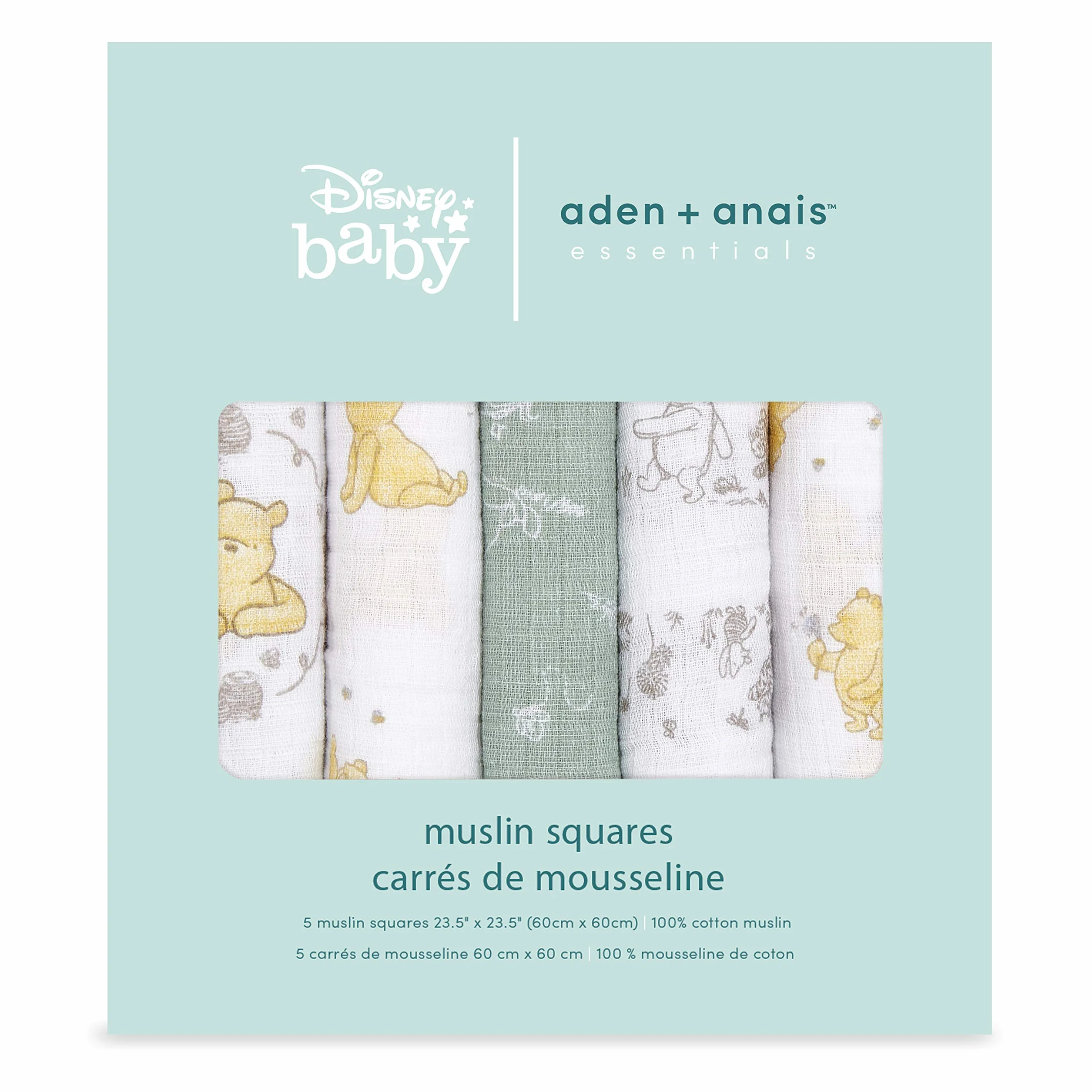 Aden + Anais Essentials 5-Piece Set Winnie The Pooh Musy Squares Disney Baby 100% Cotton Muslin Swaddle