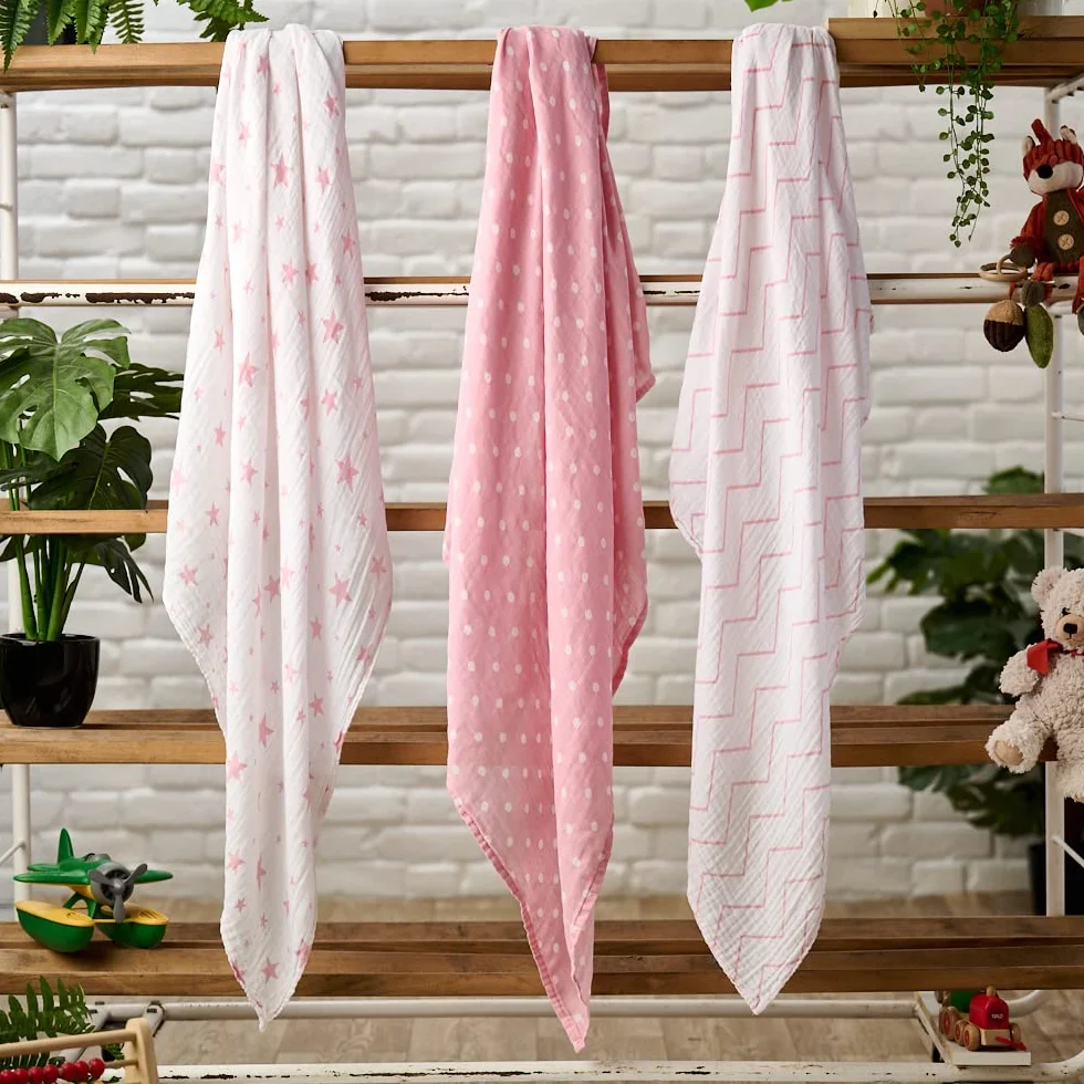 Bloomsbury Mill Confezione da 3 fasce in mussola 100% puro cotone biologico 120cm x 120cm rosa e bianco