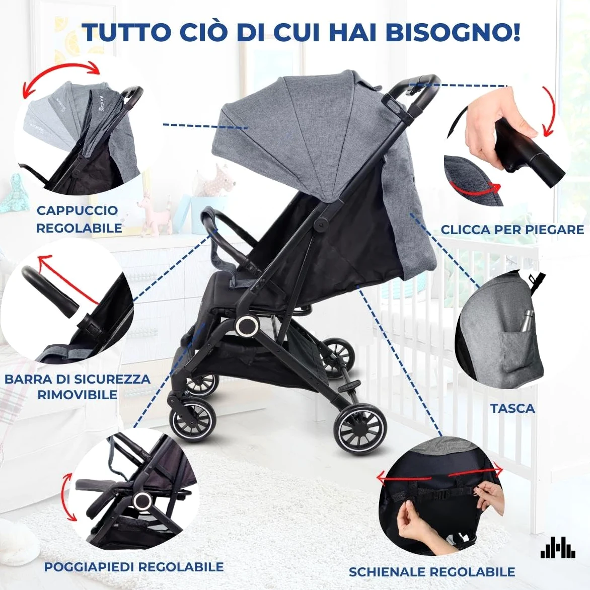 Mobiclinic®, Passeggino Leggero, Ultra Compatto, Imbracatura a 5 Punti, Manubrio Monomaniglia, Carrello Pieghevole, Cestino, 0-36 Mesi, Regolabile, Cappottina Pieghevole, Freni con Blocco, Trip