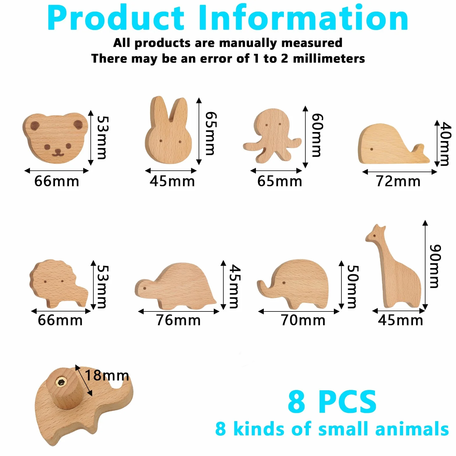 Vaileal 8 pomelli per armadi in legno per cameretta dei bambini, in diverse forme di animali, maniglie per cassetti in legno per bambini, pomelli in legno con motivi animali, pomelli per armadi