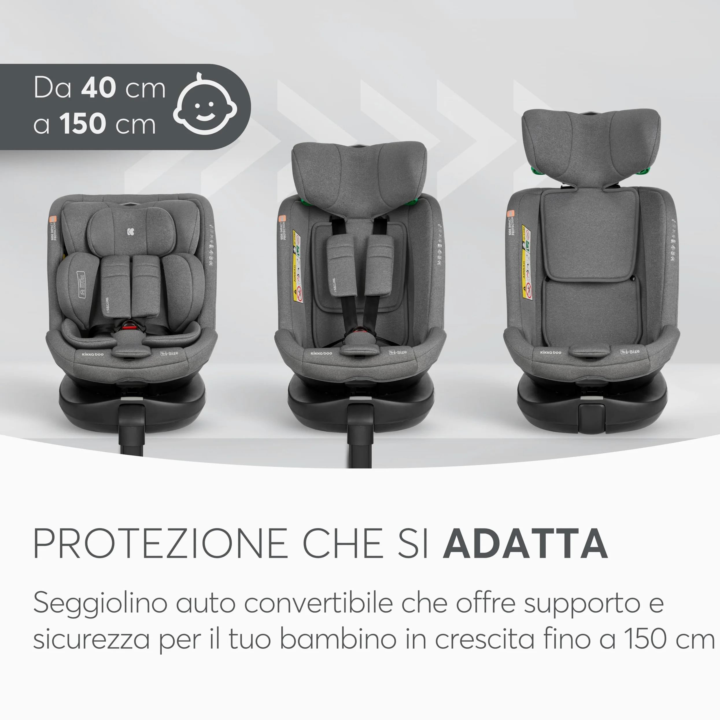 KikkaBoo Seggiolino Auto 0-36 kg i-SECURE, Gruppo 0 1 2 3, ISOFIX, i-Size, Rotante a 360º, 40-150 cm, Da 0 a 12 Anni, 12 Posizioni Poggiatesta, Grigio chiaro
