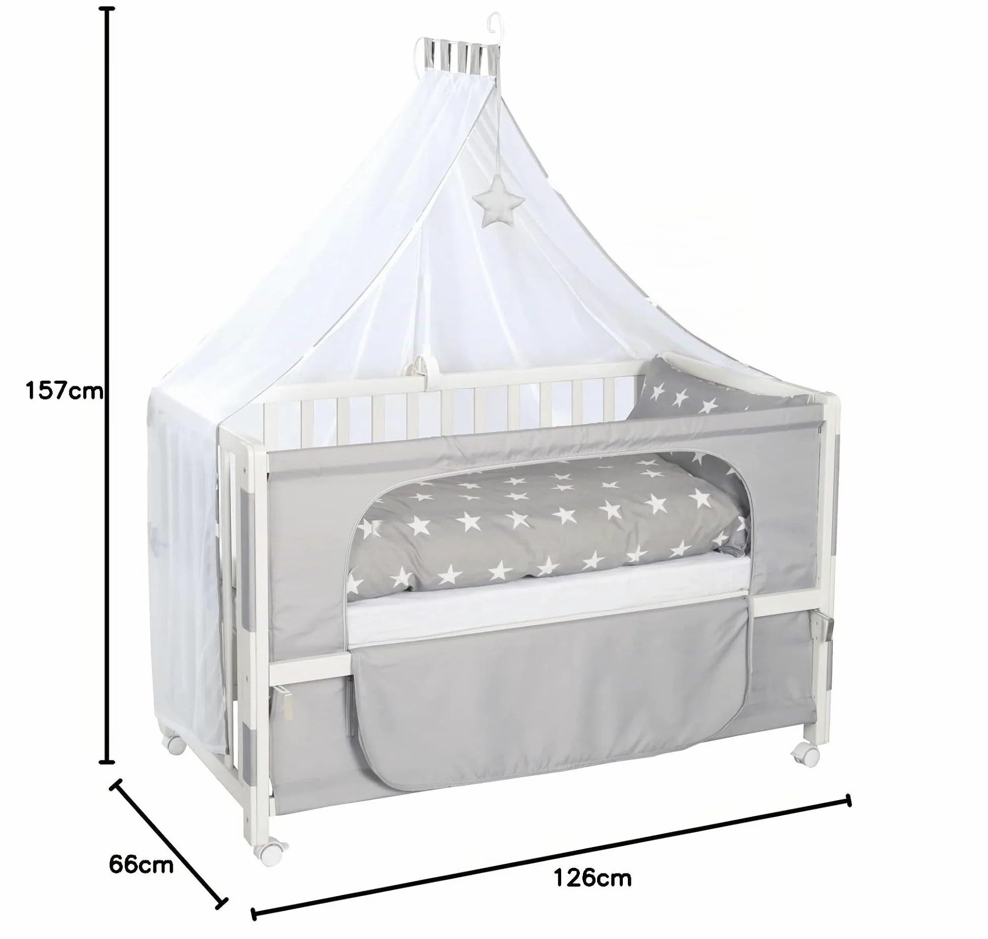 roba Lettino per Neonati Co-Sleeping Little Stars, 60 x 120 cm, Biancheria per Lettino Inclusa, Motivo con Stelline, Altezza Regolabile, Legno Laccato Bianco e Grigio