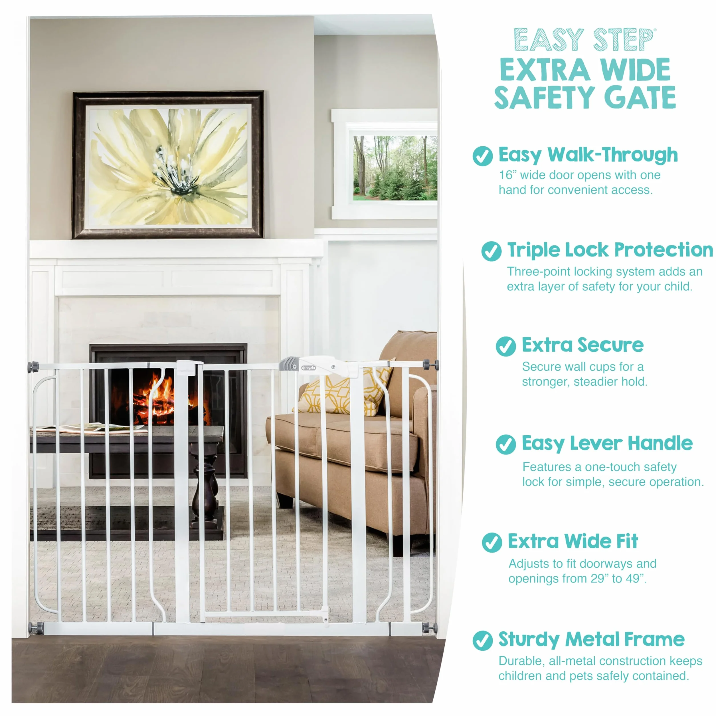 Regalo Safety Extra Wide Baby Gate for Doorways & Bottom of Stairs, Fits Openings 73.6-122cm, Pressure Mounted, White