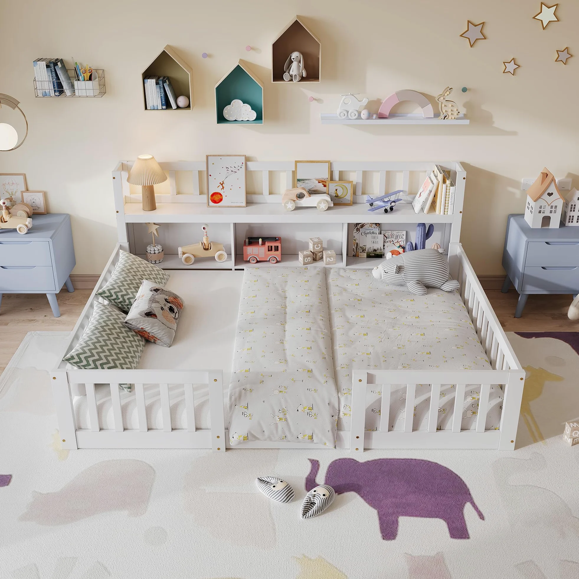 DADEA Montessori - Lettino da pavimento, 140 x 200 cm, con protezione anticaduta e rete a doghe, letto singolo per bambini e ragazzi, senza materasso