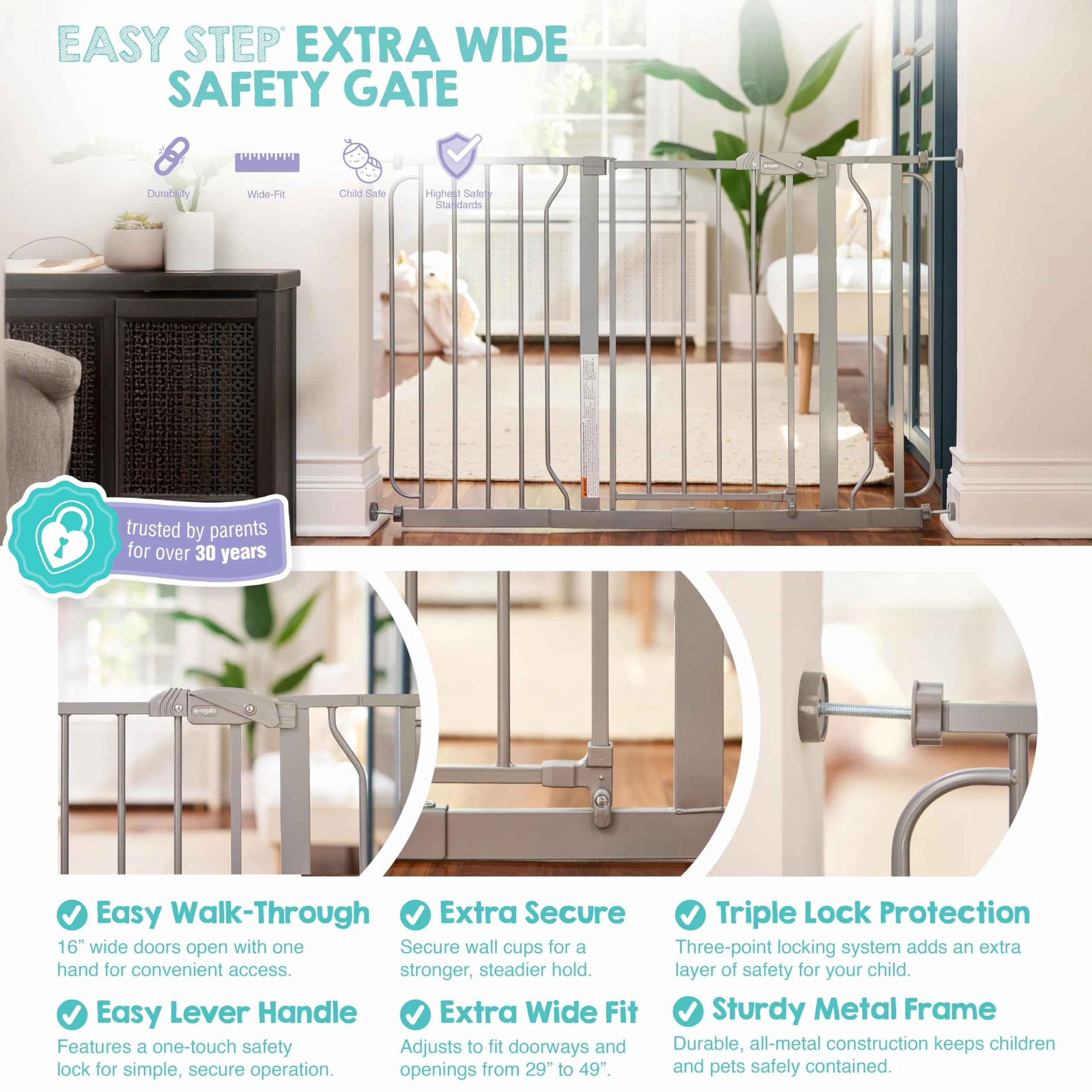 Regalo Safety Extra Wide Baby Gate for Doorways & Stairs, Fits 73.6-122cm, Pressure Mounted, Platinum