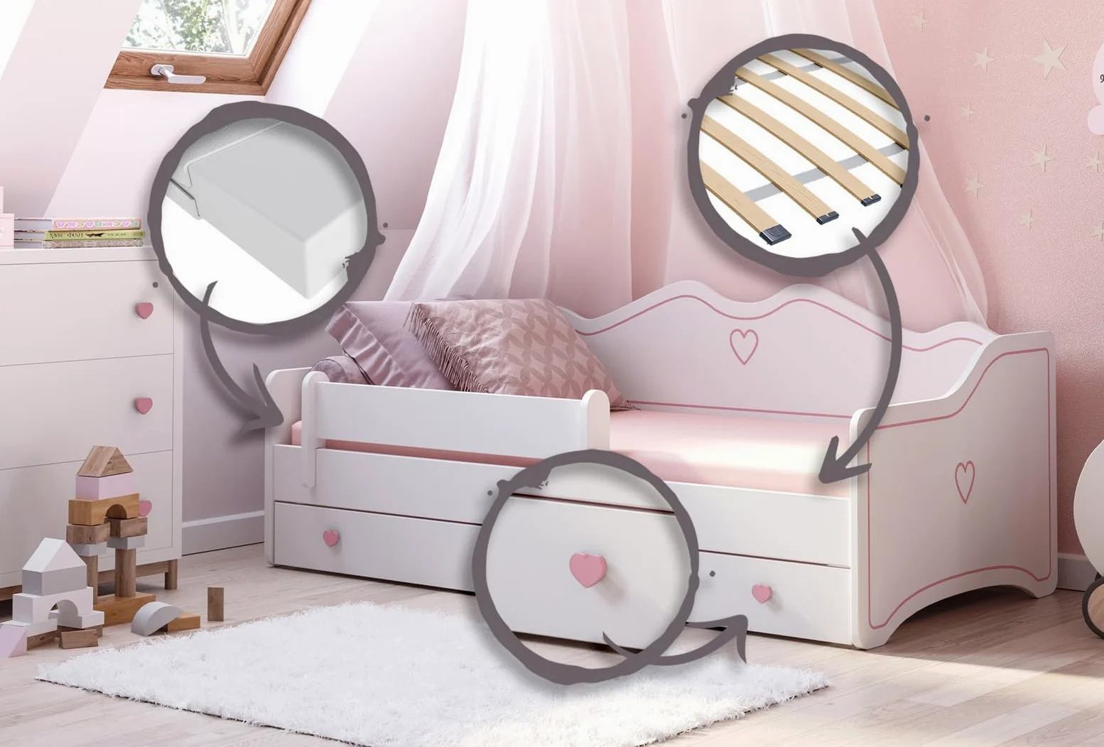 KOBI Letto per bambini Emma 180 x 80 cm, colore: Rosa