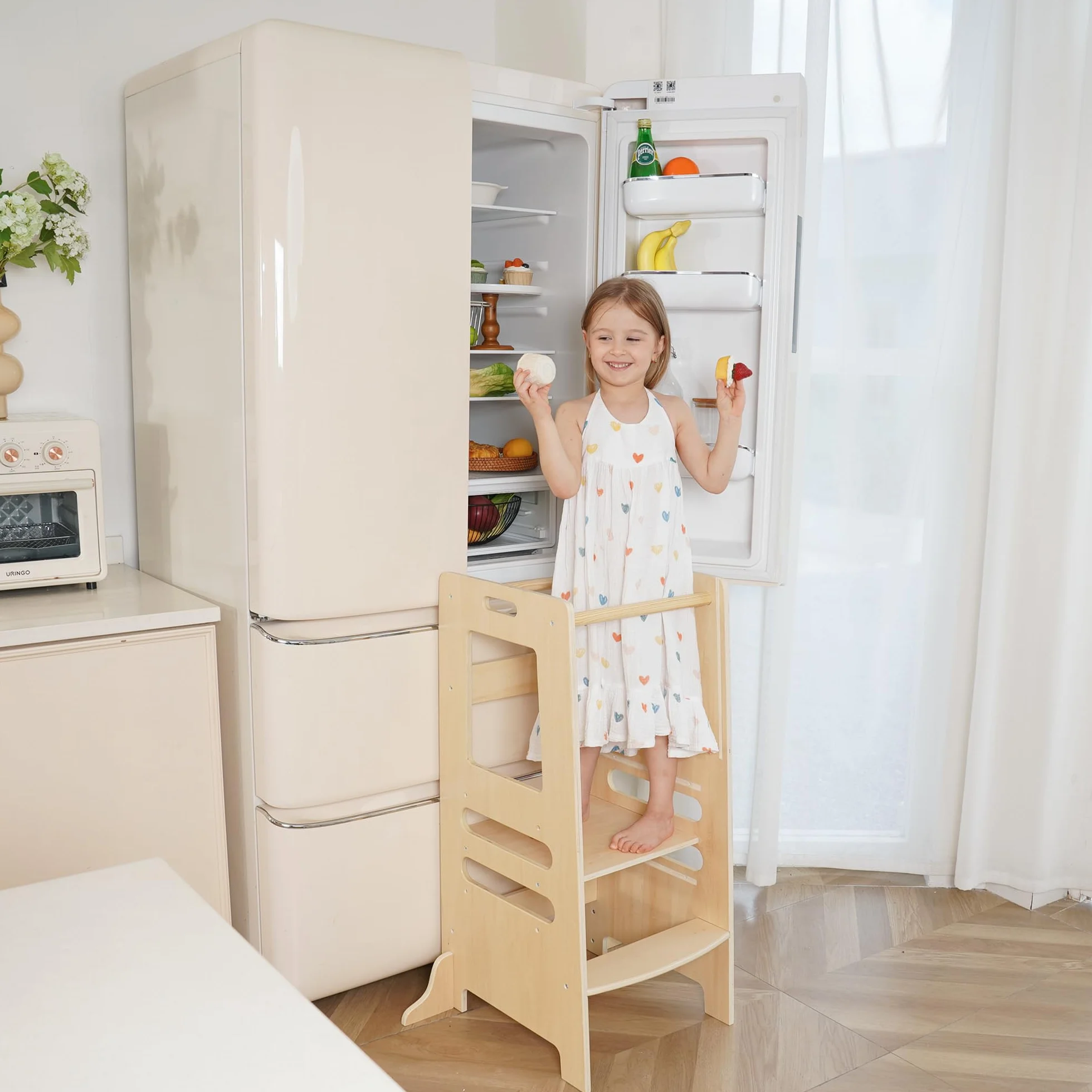 Torre Montessoriana in Legno per Bambini, Sgabello Aiutante da Cucina Regolabile per Età 1–5 Anni, Learning Tower con Barra di Sicurezza per Cucina e Bagno