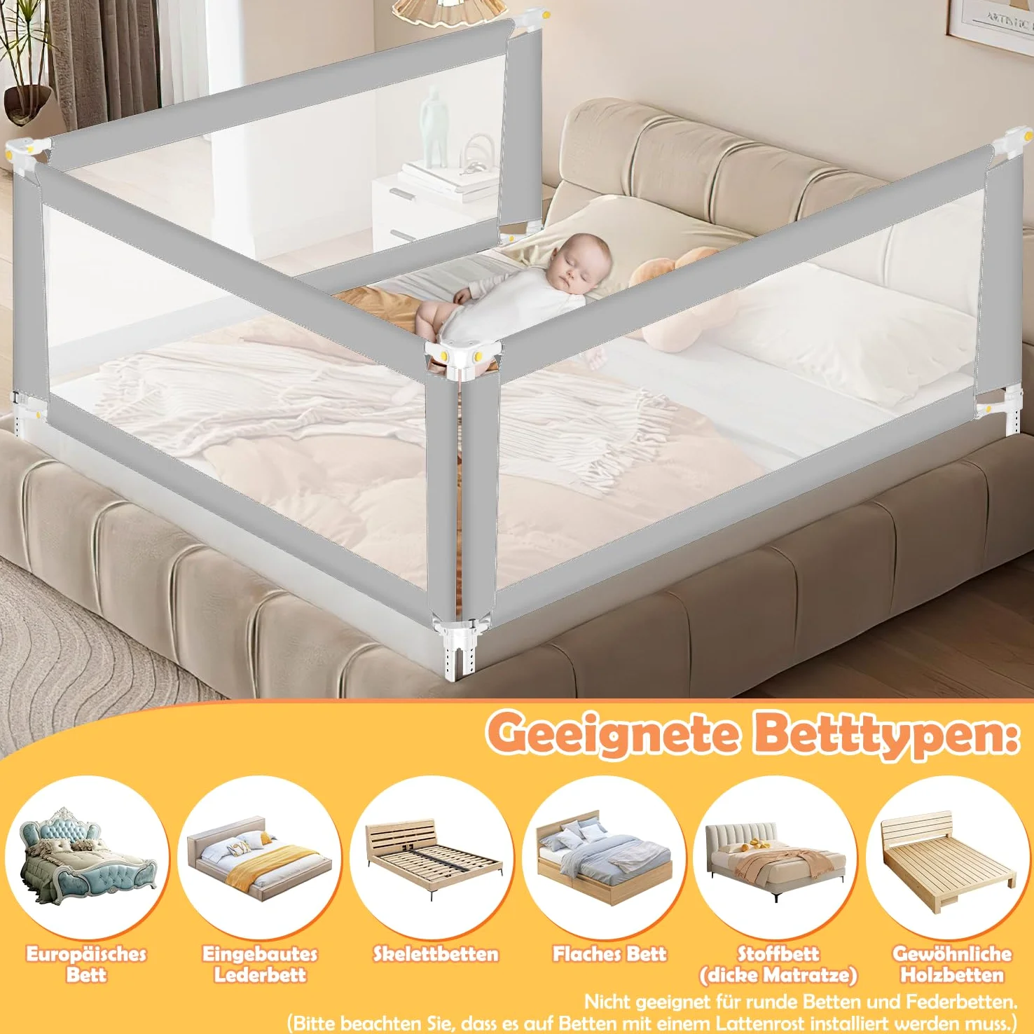 Griglia per letto 200 cm x 2 + 150 cm x 1, pieghevole con base a forma di U, griglia di protezione per lettino, altezza regolabile 68-95 cm, per bambini e letti dei genitori, grigio
