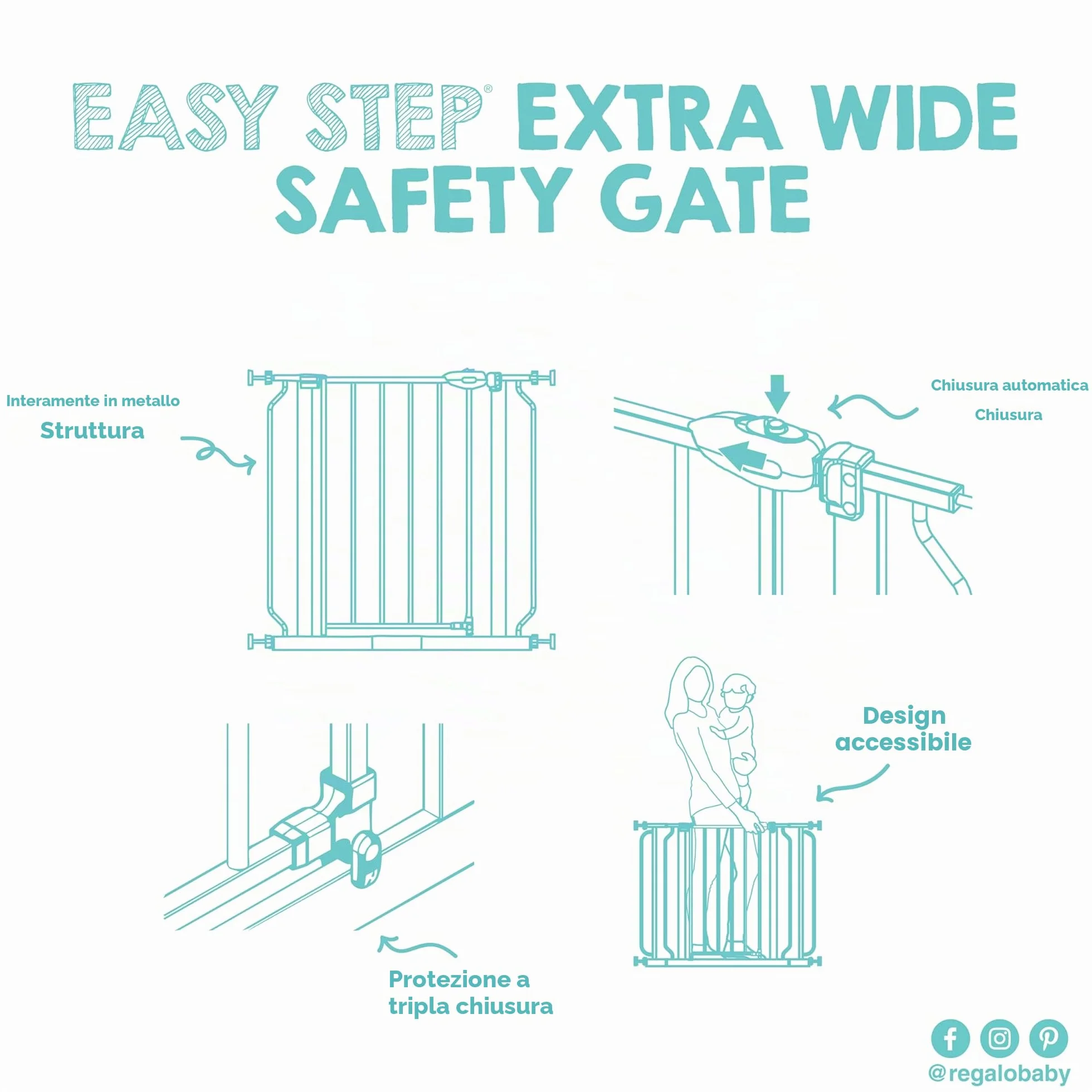 Regalo Safety Extra Wide Baby Gate for Doorways & Stairs, Fits 73.6-122cm, Pressure Mounted, Platinum
