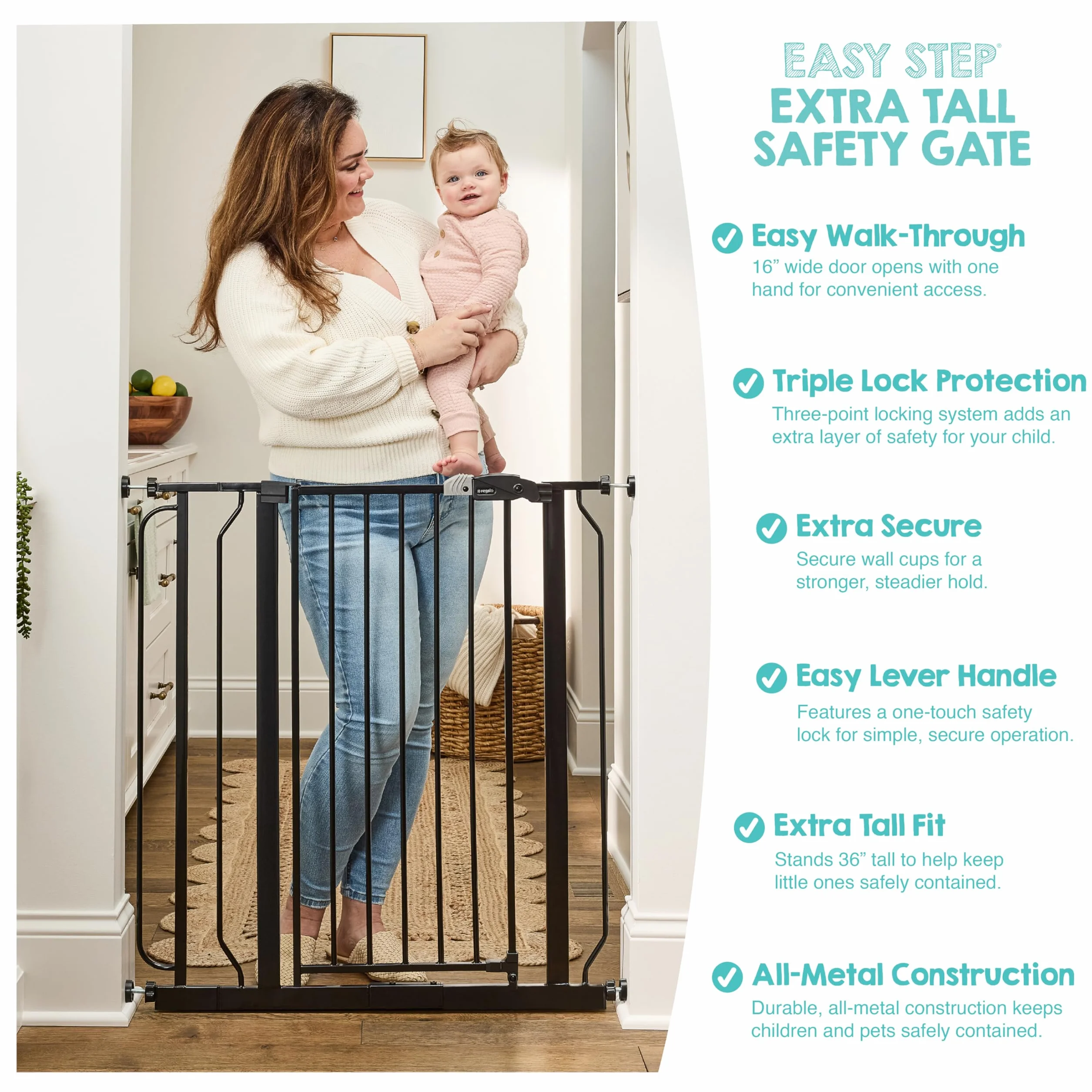 Regalo Safety 91.4cm Extra Tall Baby Gate for Doorways, Fits Openings 73.6-90cm, Pressure Mounted