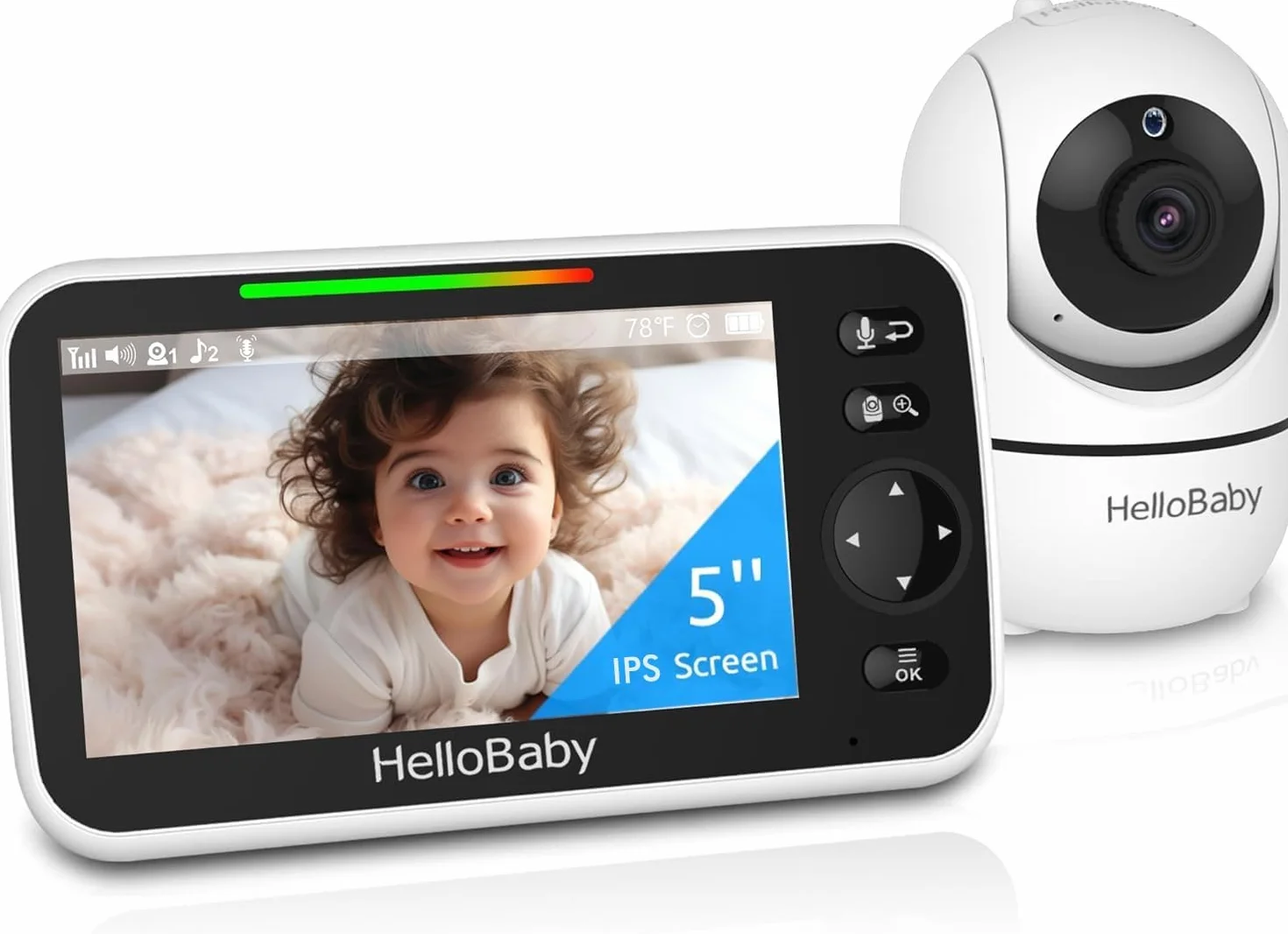 HelloBaby Baby Monitor, display da 5'' con batteria da 30 ore, baby monitor video pan-tilt-zoom con fotocamera e audio, visione notturna, conversazione a 2 vie, temperatura, 8 ninne nanne e 300m