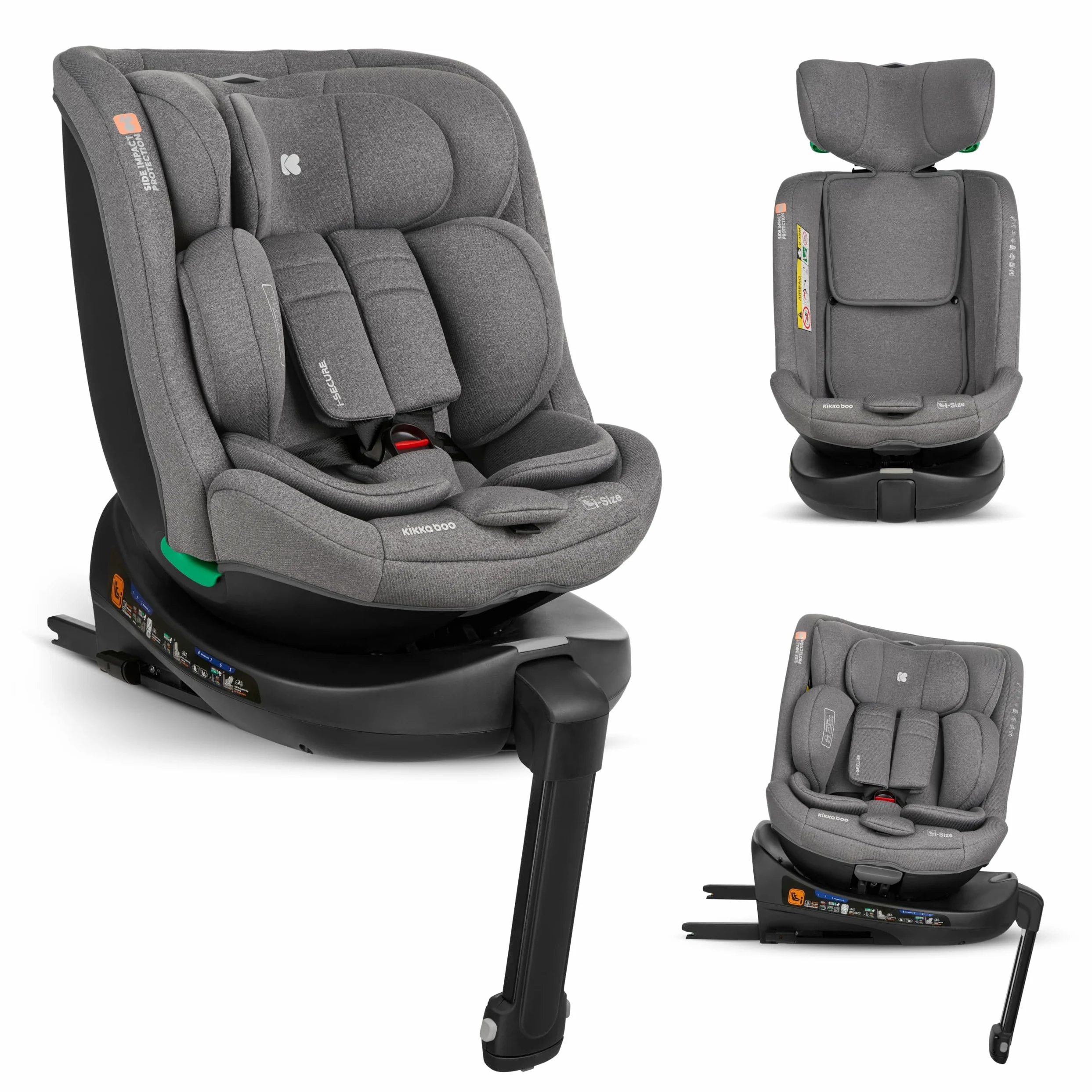 KikkaBoo Seggiolino Auto 0-36 kg i-SECURE, Gruppo 0 1 2 3, ISOFIX, i-Size, Rotante a 360º, 40-150 cm, Da 0 a 12 Anni, 12 Posizioni Poggiatesta, Grigio chiaro