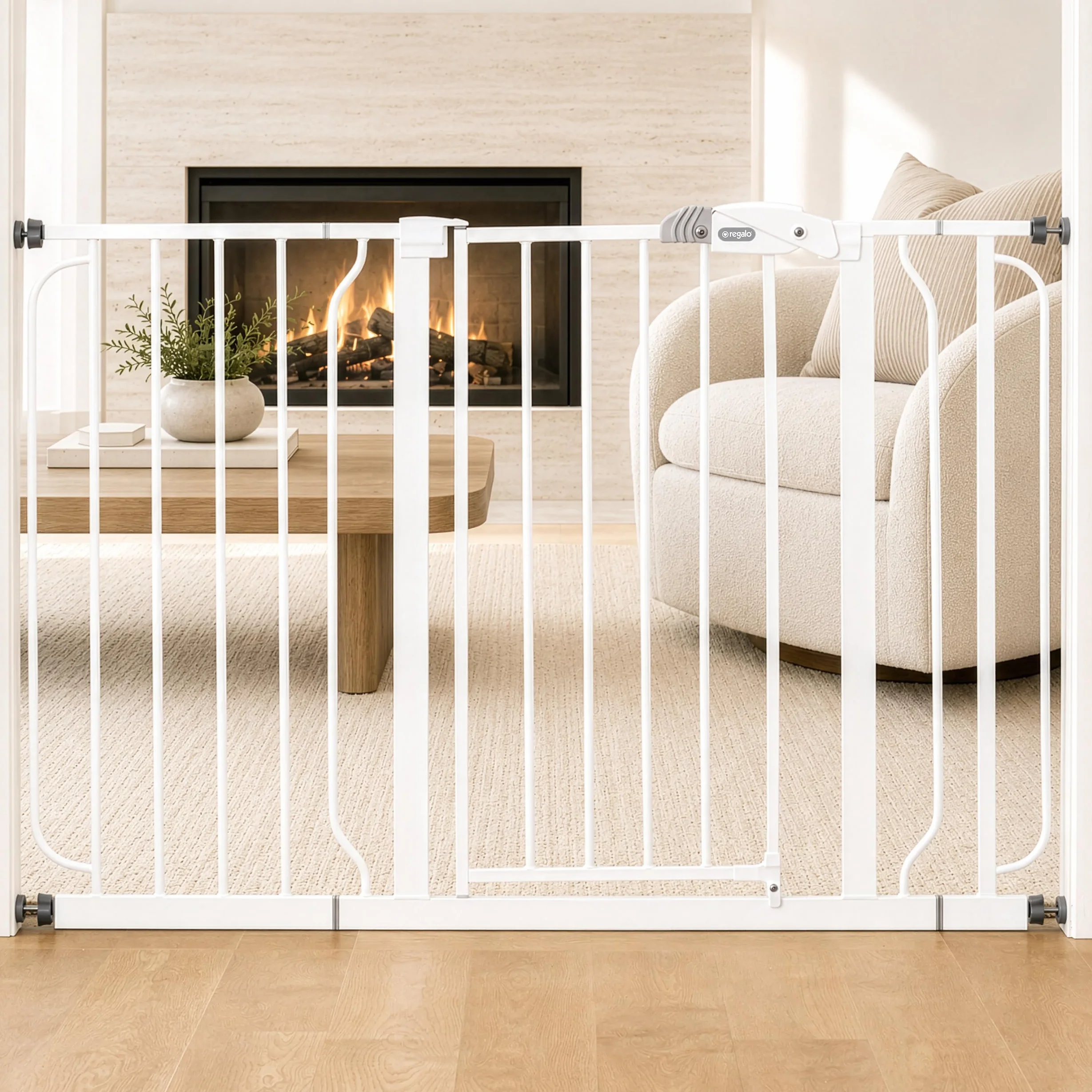 Regalo Safety Extra Wide Baby Gate for Doorways & Bottom of Stairs, Fits Openings 73.6-122cm, Pressure Mounted, White