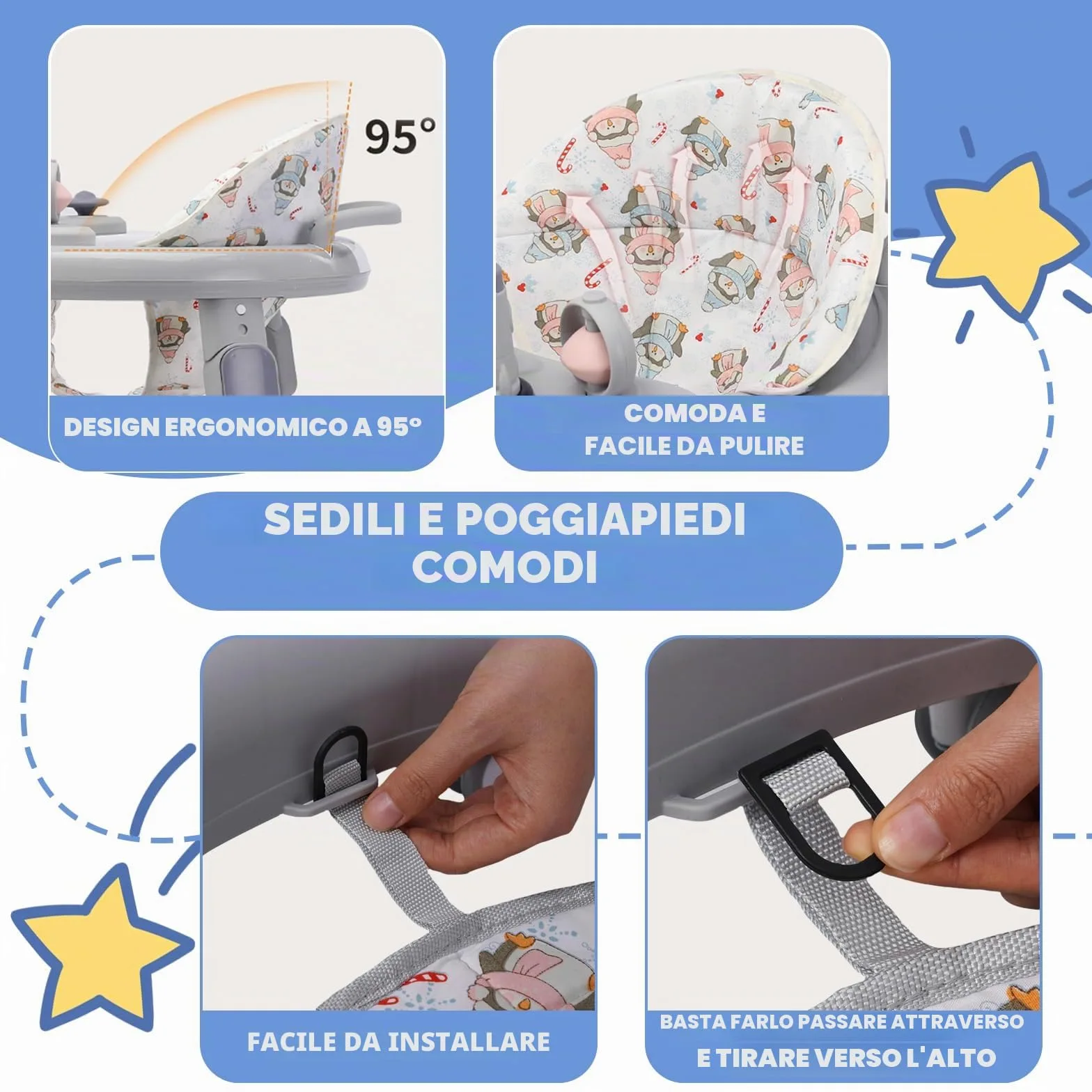 Girello per Bambini 3 in 1,Carrellino Primi Passi,Girello Pieghevole con Vassoio/Centro Giochi,Primi Passi per Bambini 6-18 Mesi,Ruote Silenziose a 360°