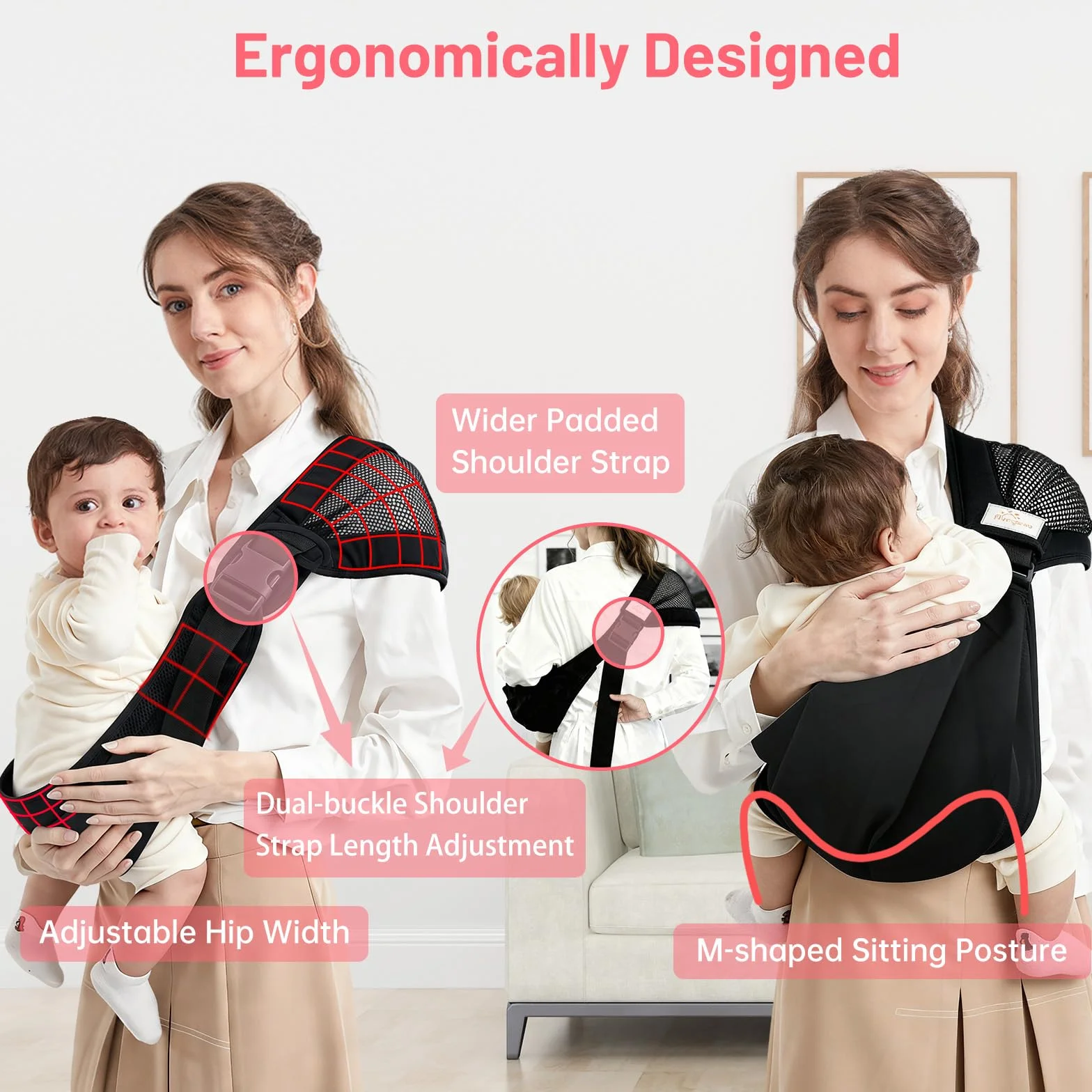 Fascia Porta Bebe, Fascia Neonato Ergonomica con Cintura di Supporto Ampliata e Migliorata, Regolabile ed Estensibile, Multifunzionale per Viaggi e Uscite, per Bambini da 0 a 36 Mesi (Nero)