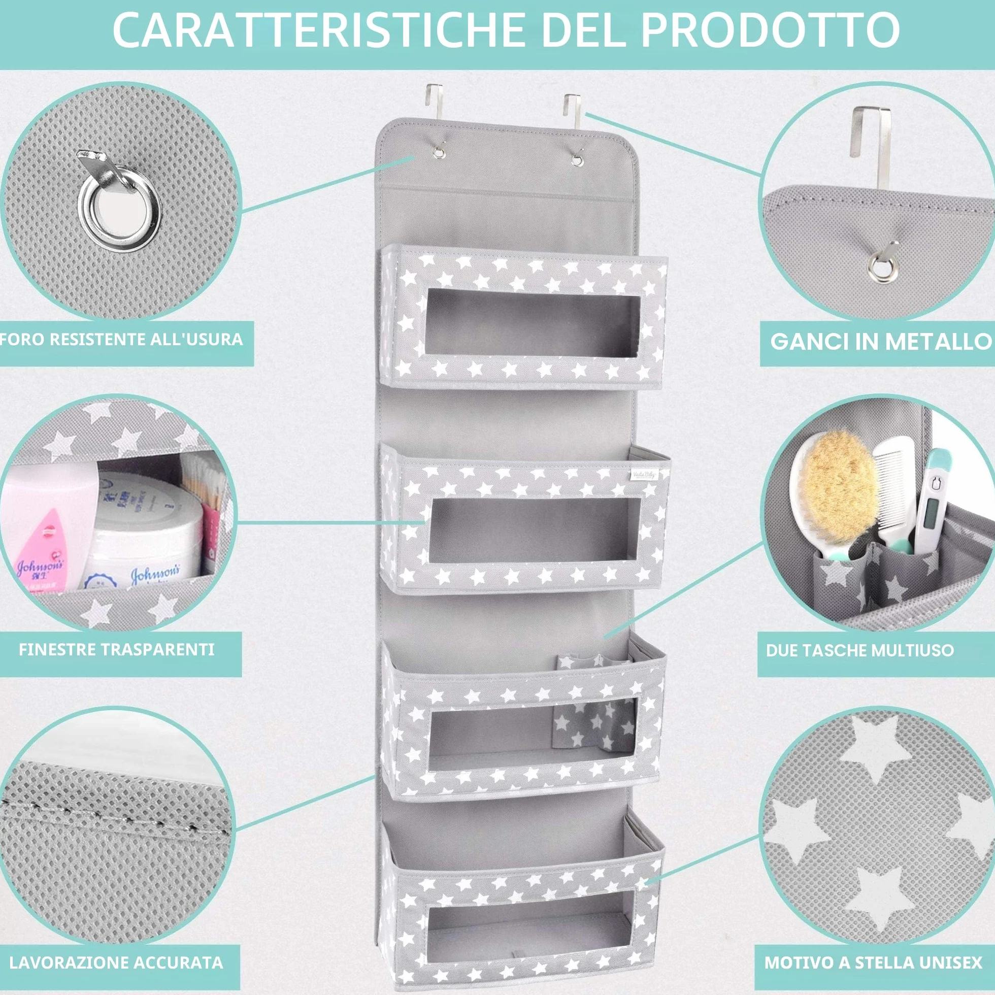 Vesta Baby Organizzatore Appeso da Porta con Ganci - Unisex Salvaspazio Soluzione con 4 Tasche Portaoggetti con Finestra Trasparente per Bagno, Cameretta - 2 Tasche di Servizio per Oggetti Piccoli