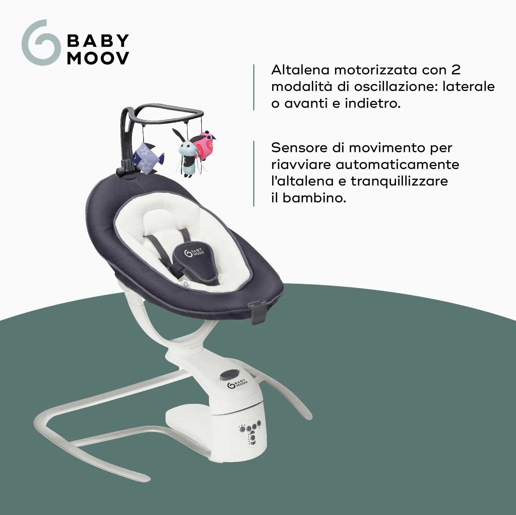 Babymoov Altalena per Bambini Swoon Motion – Seduta Girevole 360°, Dondolamento con 5 Velocità, Rilevatore di Movimento, Giochi Sensoriali e Ninnenanne – Comfort dalla Nascita