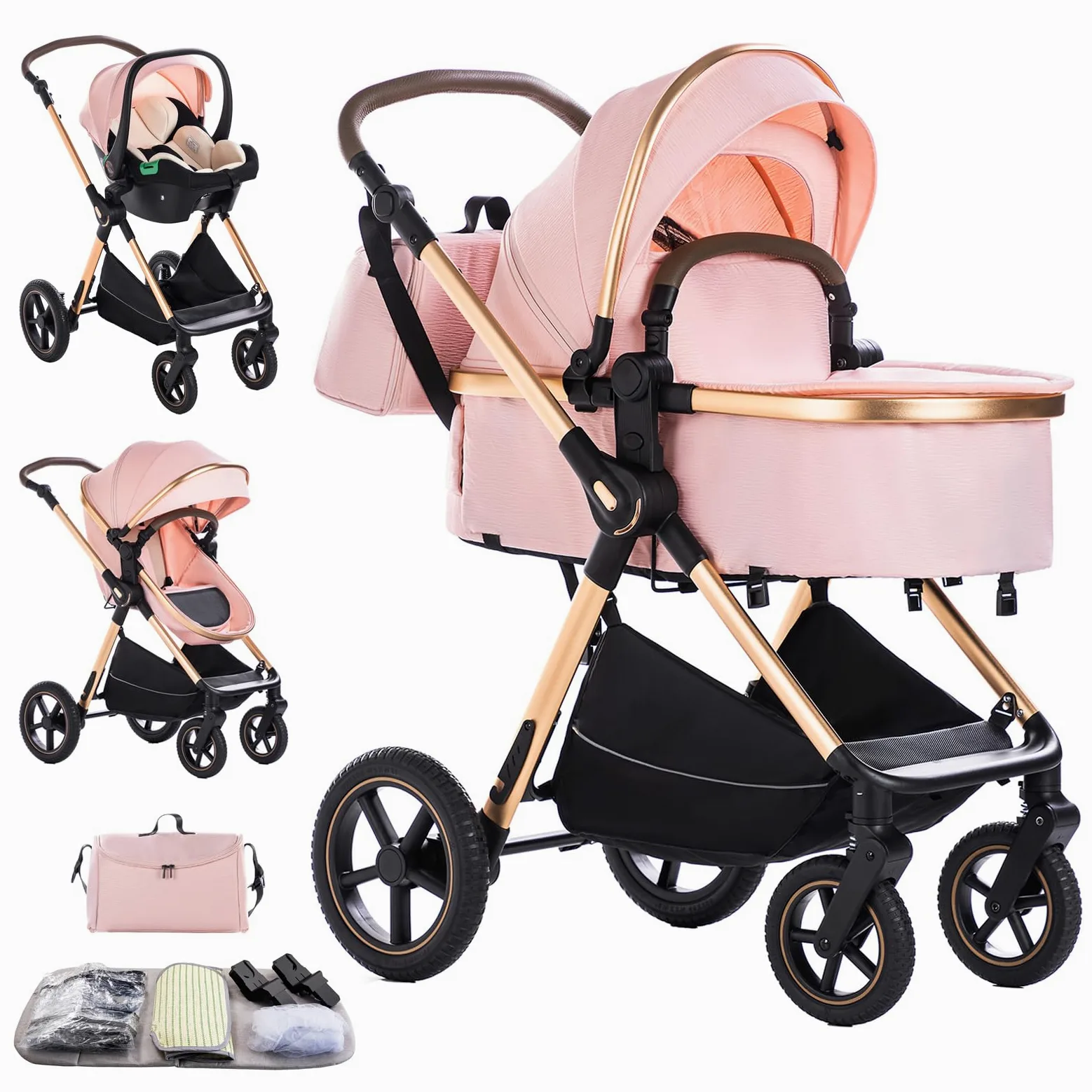 Passeggino 3 in 1 pieghevole,sistema da viaggio completo.Ideale per neonati e bambini fino a 22kg lettino e accessori come gondola (D2 PINK, H2-D)