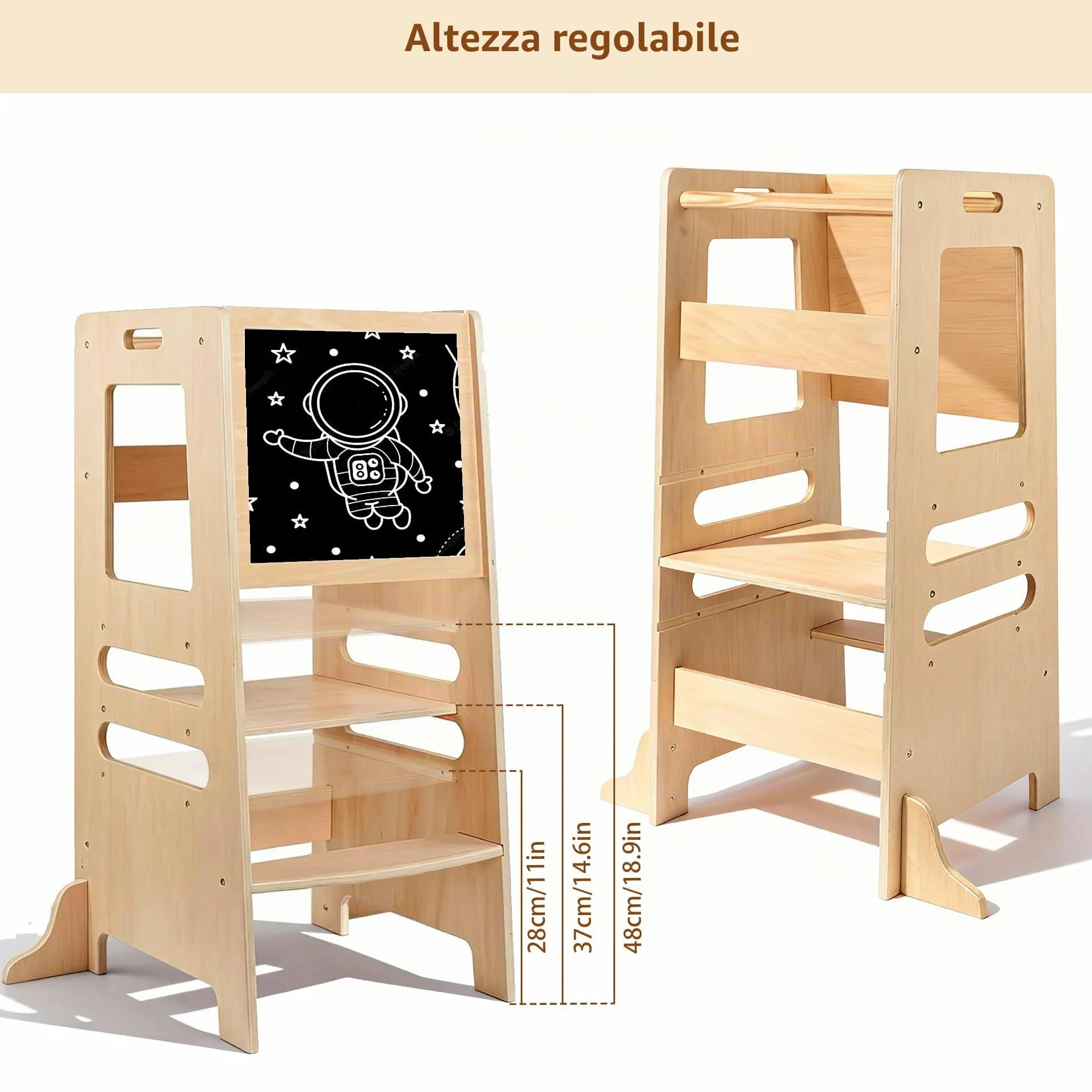 Torre Montessoriana in Legno per Bambini, Sgabello Aiutante da Cucina Regolabile per Età 1–5 Anni, Learning Tower con Barra di Sicurezza per Cucina e Bagno