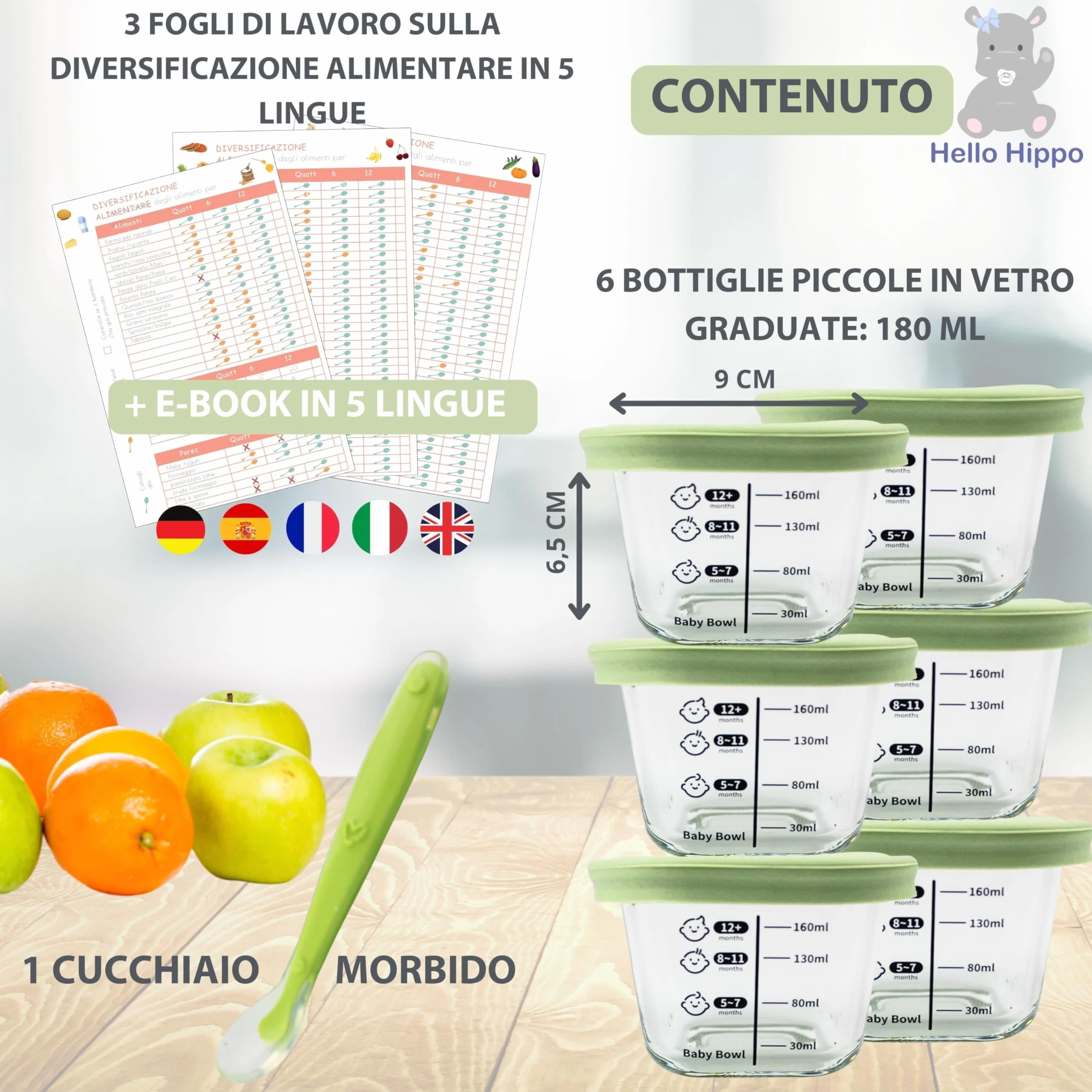 HELLO HIPPO® Set 6 Vasetti Pappa Neonati Vetro 160ml Contenitori Svezzamento Ermetici BPA Free