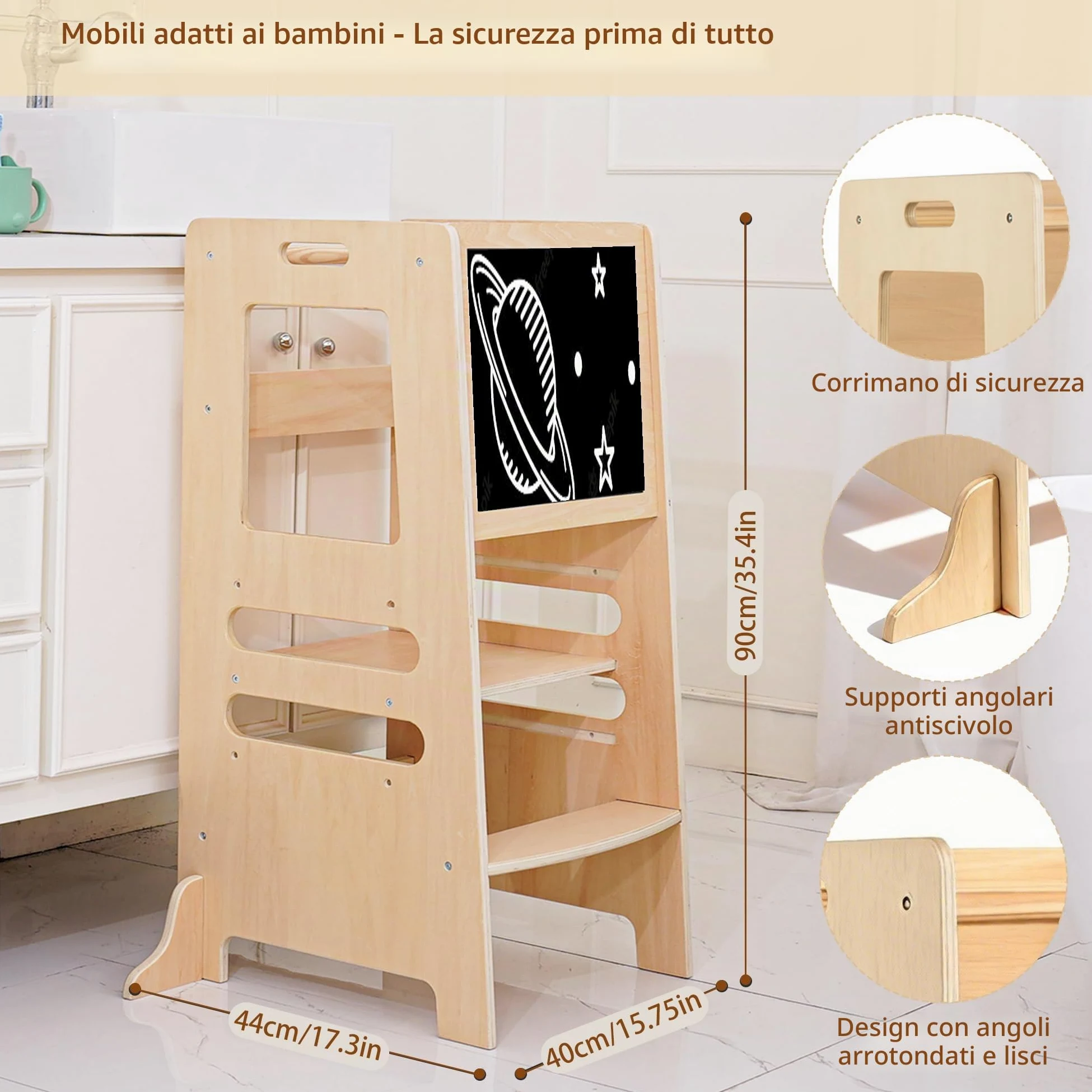 Torre Montessoriana in Legno per Bambini, Sgabello Aiutante da Cucina Regolabile per Età 1–5 Anni, Learning Tower con Barra di Sicurezza per Cucina e Bagno