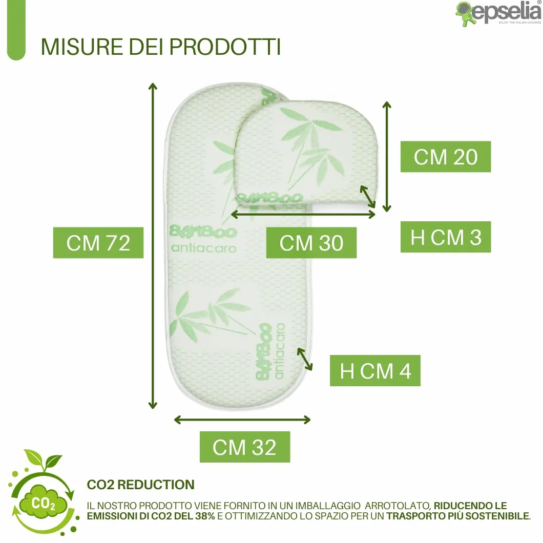 EPSELIA Materassino in Bambù Bio per Carrozzina con Guanciale Antisoffoco EN16890:2017 Certipur Oeko-Tex