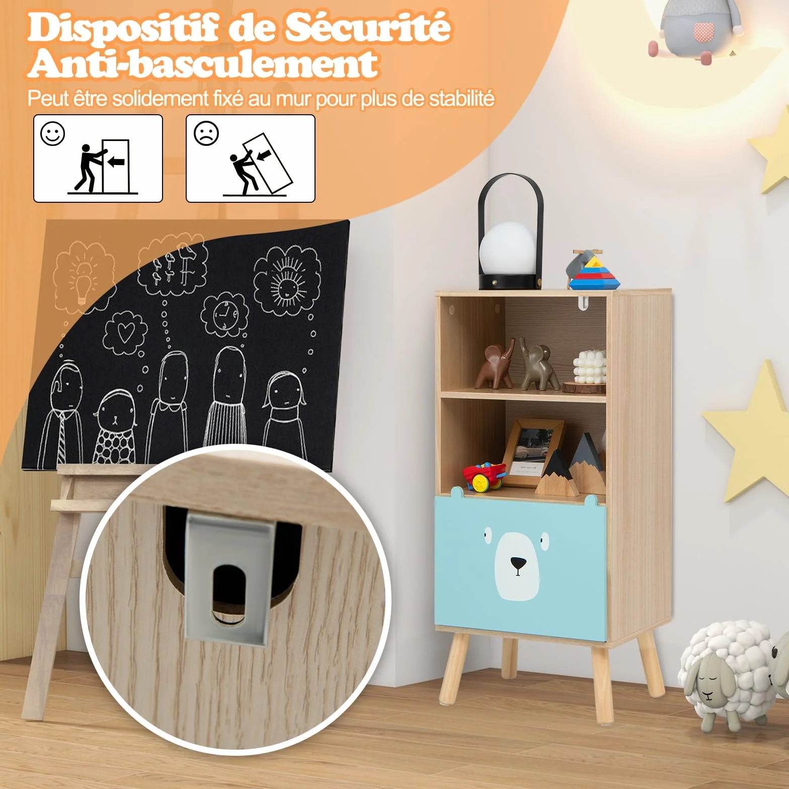 Libreria per Bambini RELAX4LIFE 3 Ripiani 40x30x85 cm Legno Cassetto 2 Scomparti Antiribaltamento 50 kg