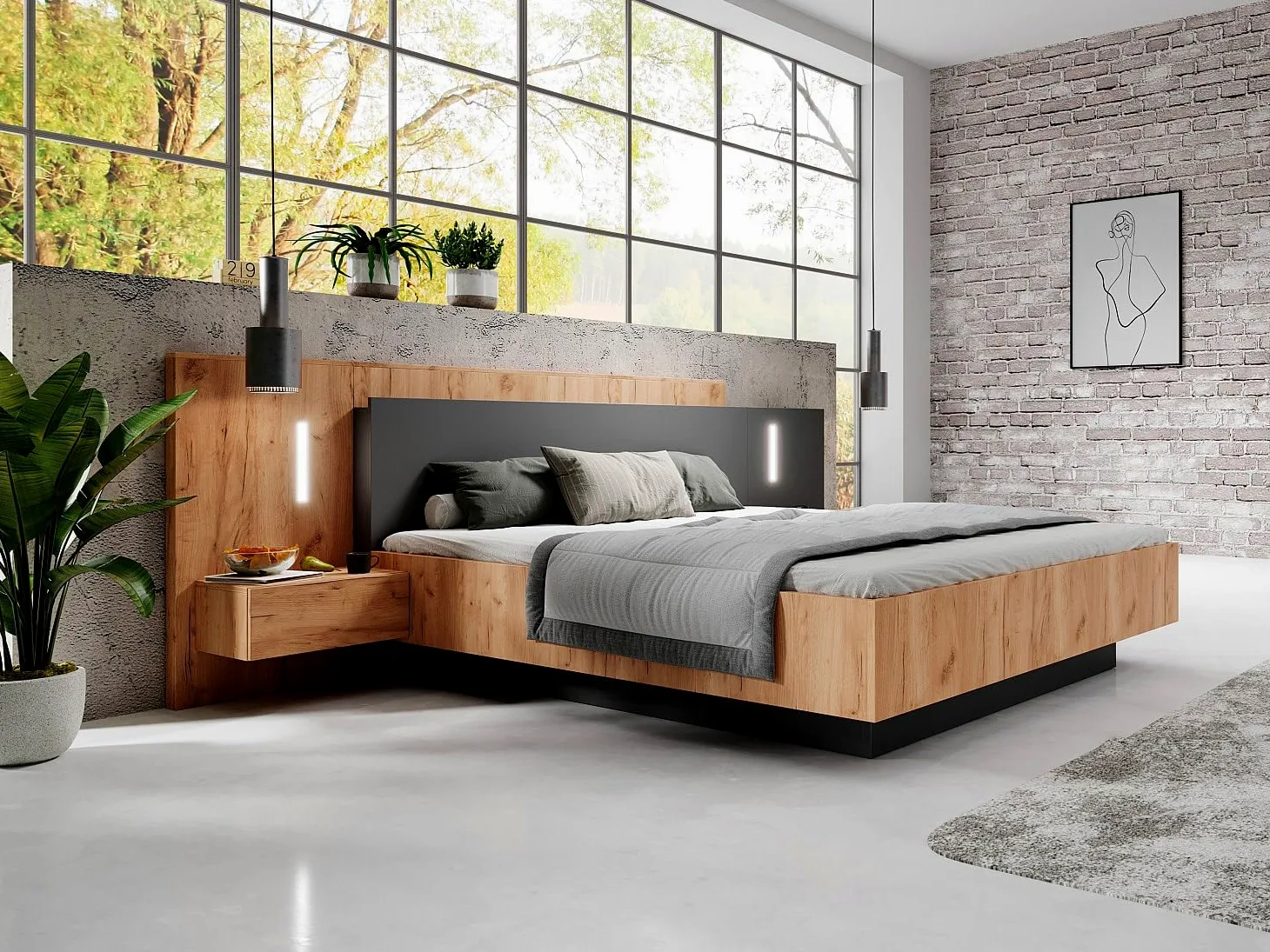 Vente-unique - Letto con Contenitore con comodini - 2 cassetti - con LED - 160 x 200 cm - le e Antracite - FRANCOLI