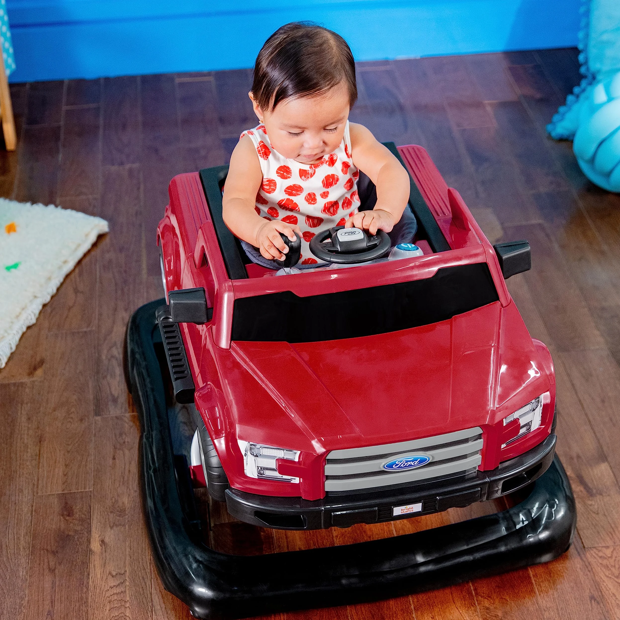 Bright Starts, Ford F-150 4 in 1 rosso, centro attività e girello per bambini con volante rimovibile, neonato, unisex, dai 6 mesi in su