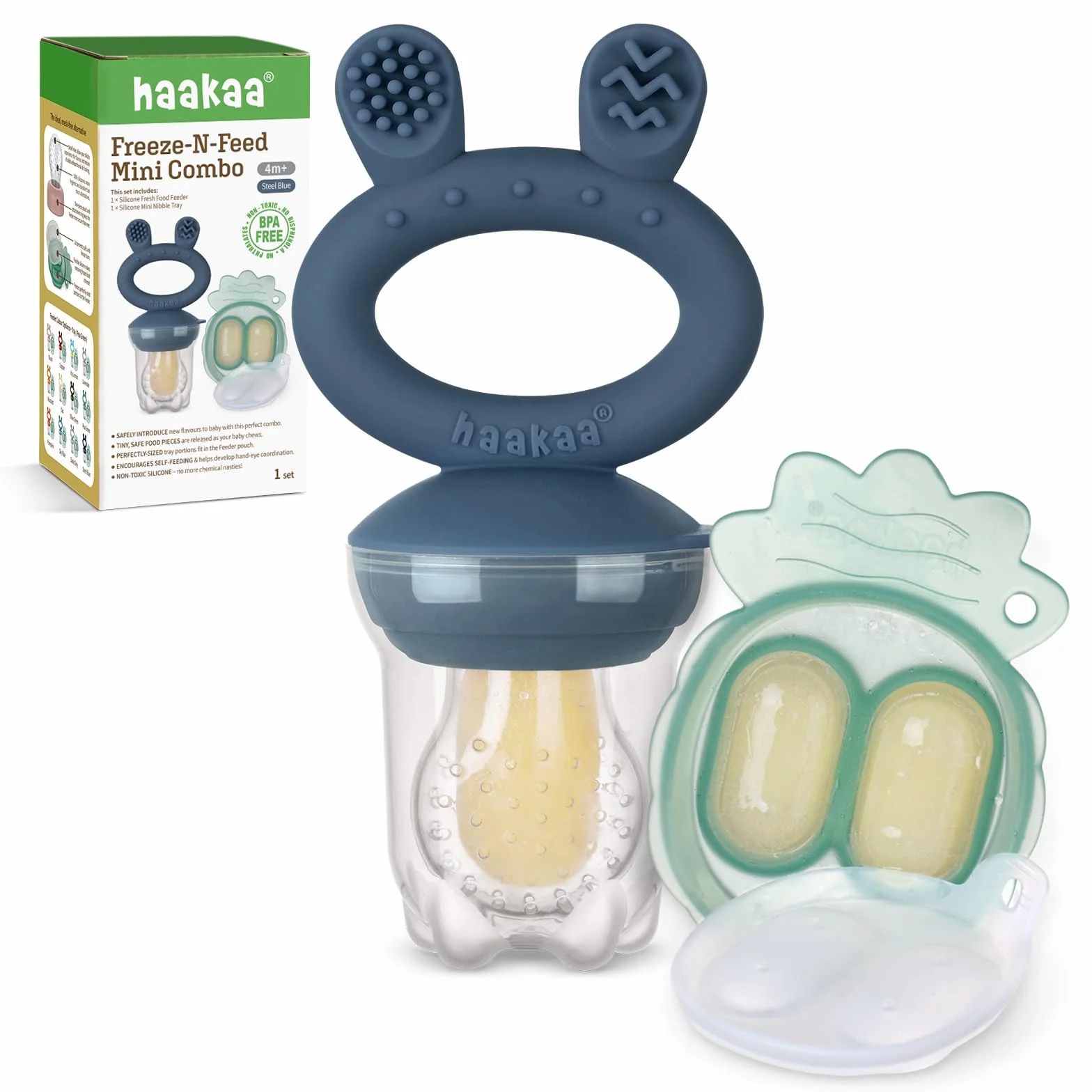 Haakaa Mangiatoia per frutta e snack surgelati in silicone senza BPA - Blu acciaio