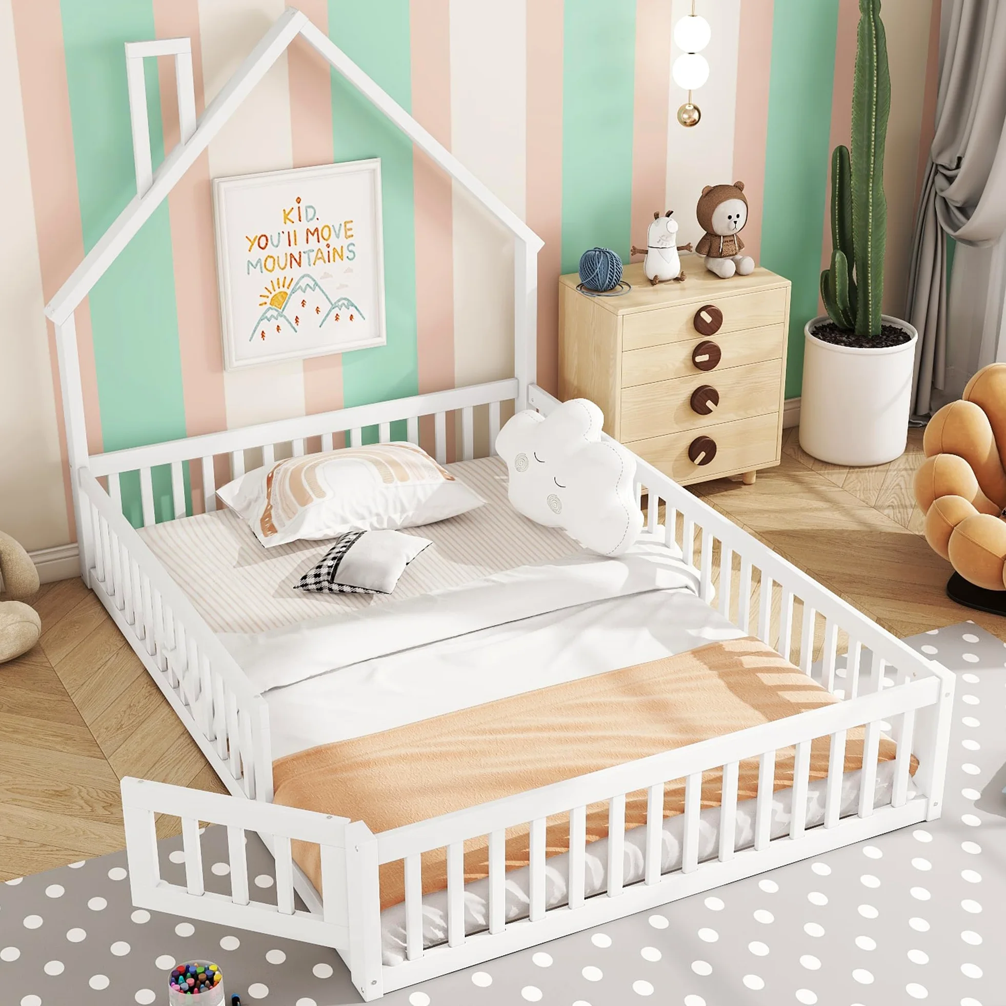 Lettino per bambini 140 x 200 cm, con protezione anti-caduta di sicurezza e porta, letto imbottito con rete a doghe in legno, design a forma di camino, letto in legno, per ragazzi, senza materasso